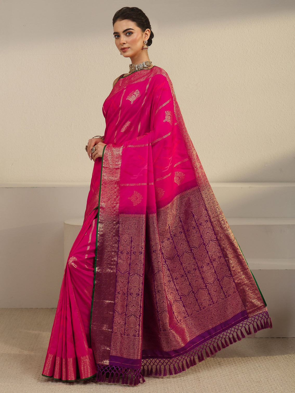 Mameraa Fuchsia Pink Woven Design Silk Blend Tassel Saree