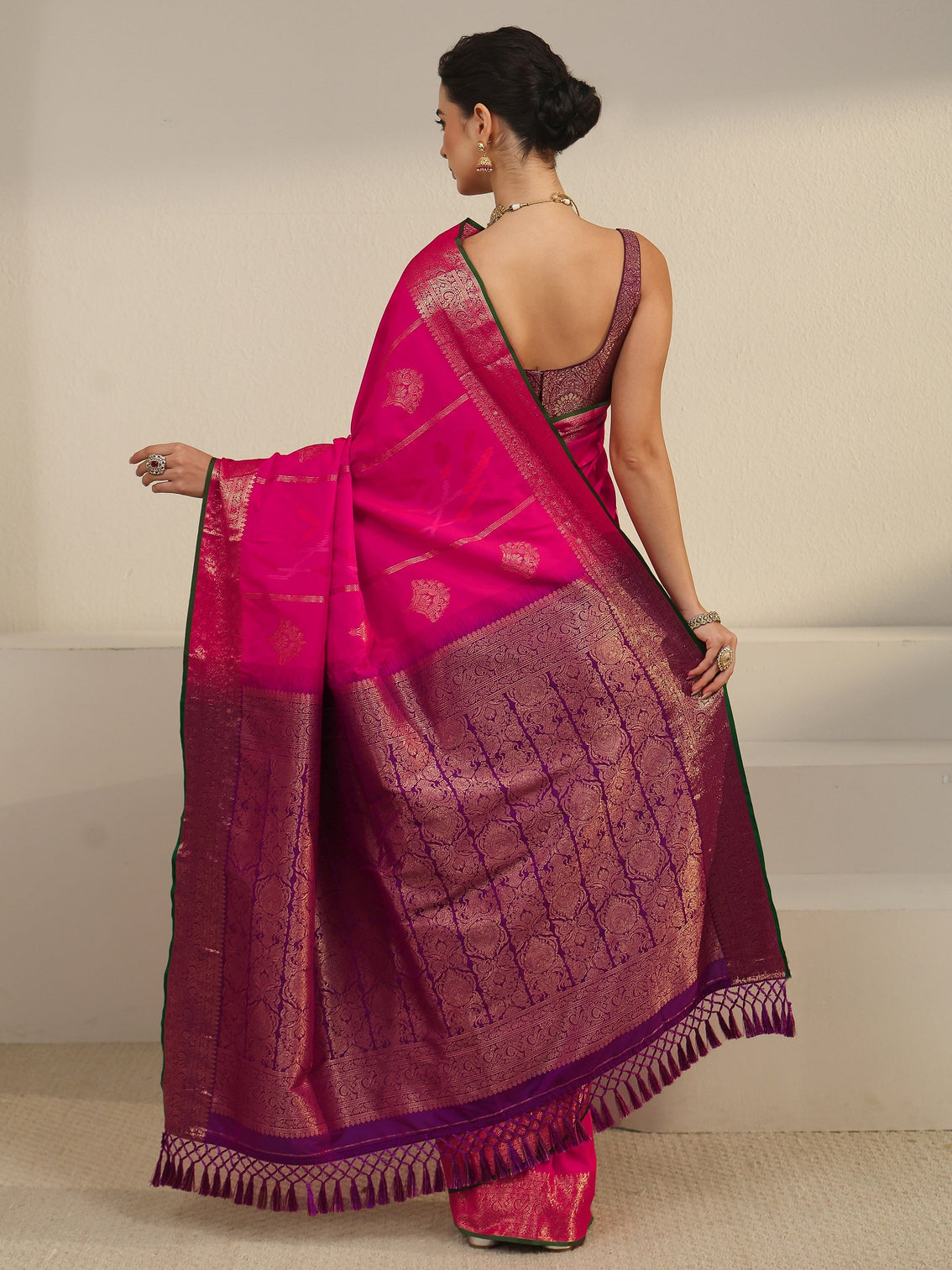 Mameraa Fuchsia Pink Woven Design Silk Blend Tassel Saree