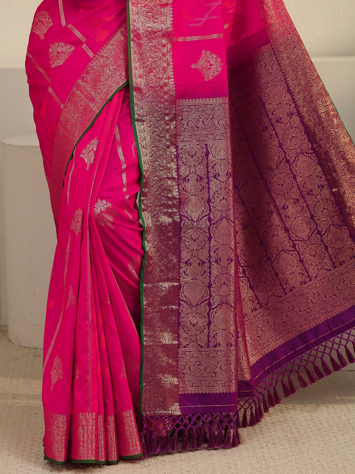 Mameraa Fuchsia Pink Woven Design Silk Blend Tassel Saree