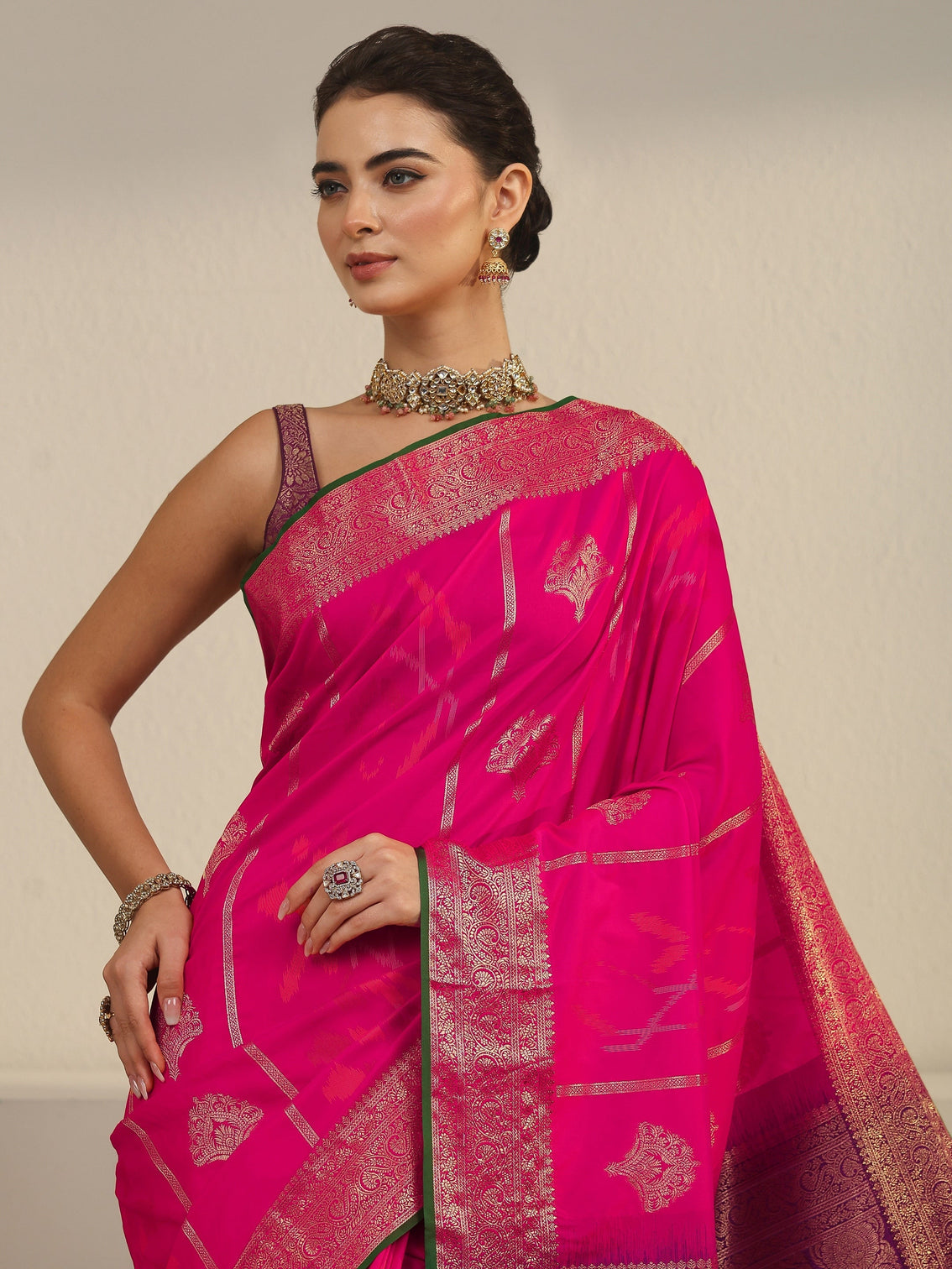 Mameraa Fuchsia Pink Woven Design Silk Blend Tassel Saree