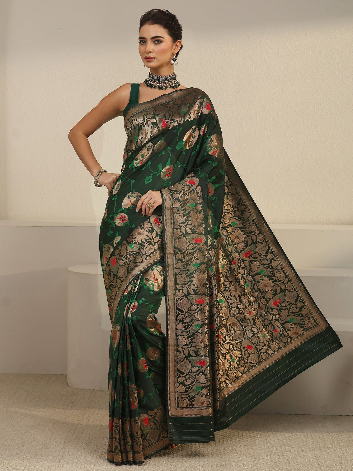Mameraa Dark Green Floral Woven Design Satin Saree