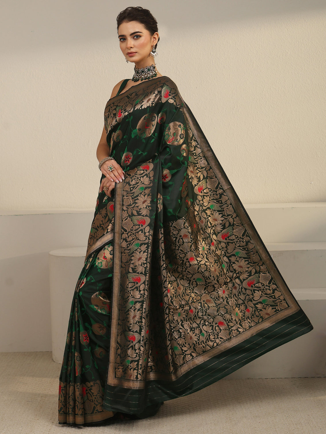 Mameraa Dark Green Floral Woven Design Satin Saree