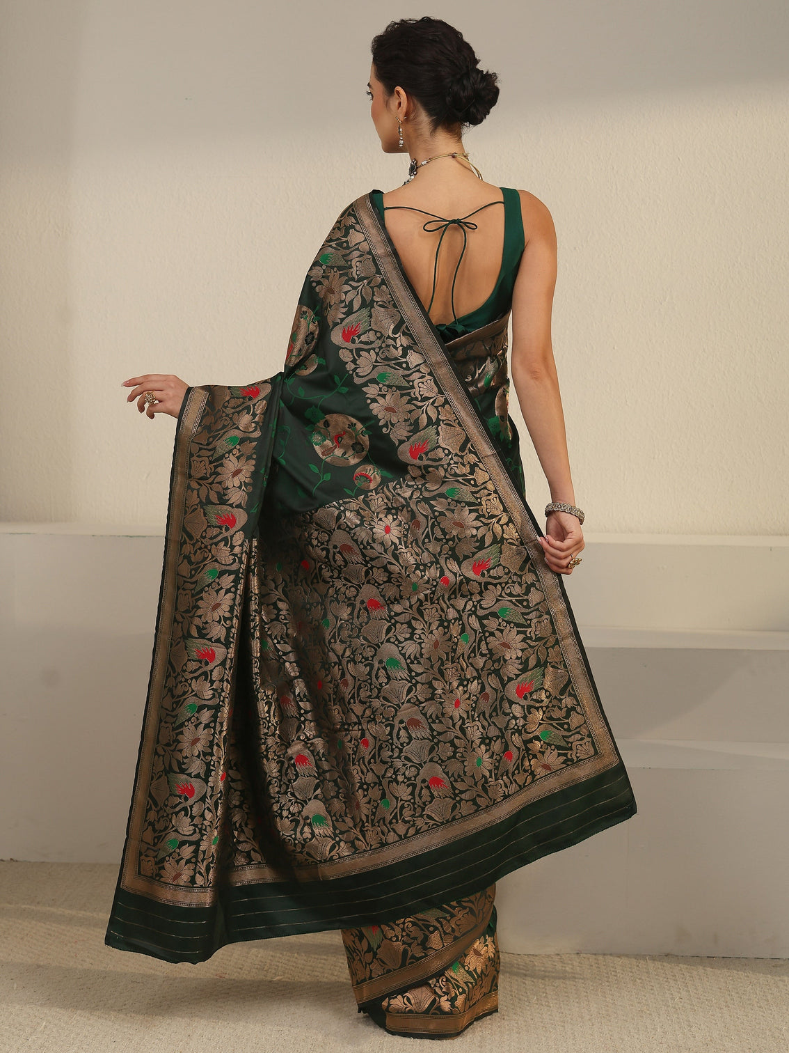 Mameraa Dark Green Floral Woven Design Satin Saree