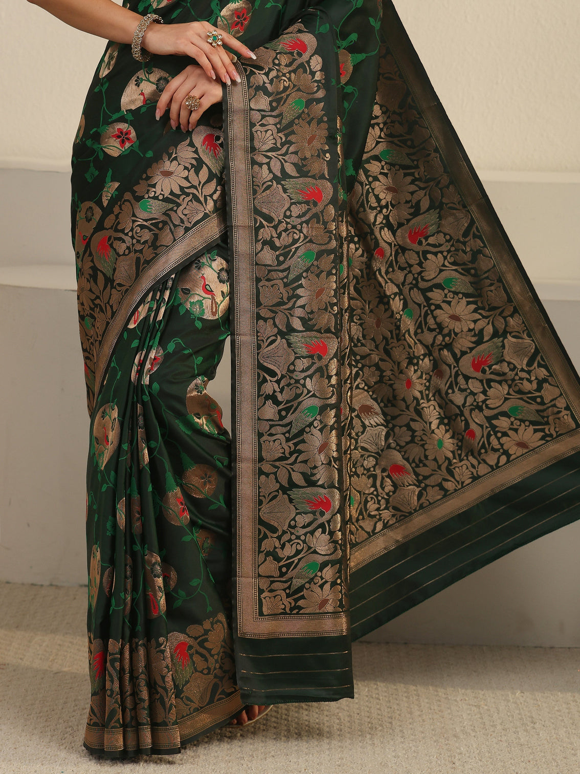 Mameraa Dark Green Floral Woven Design Satin Saree