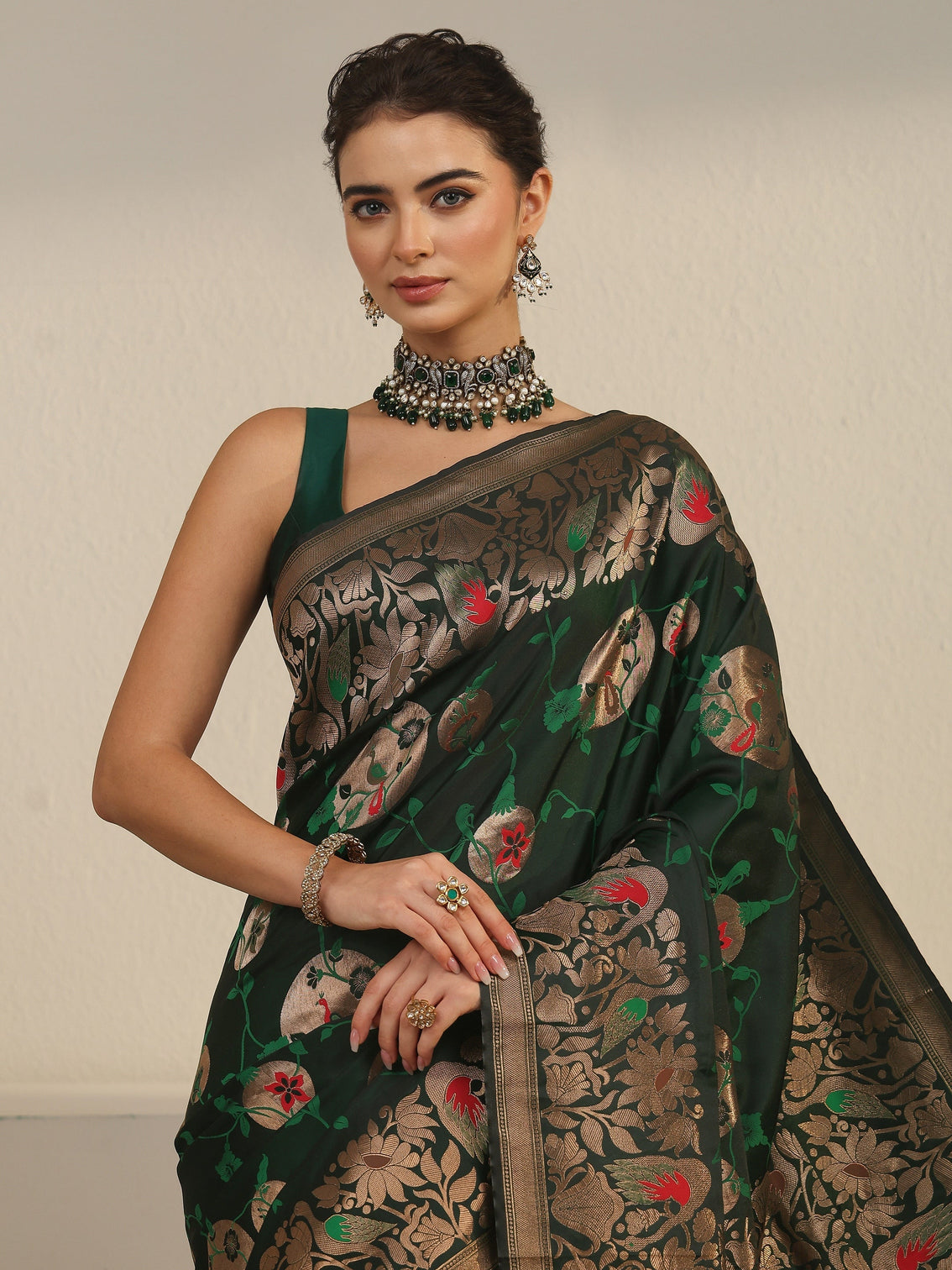 Mameraa Dark Green Floral Woven Design Satin Saree