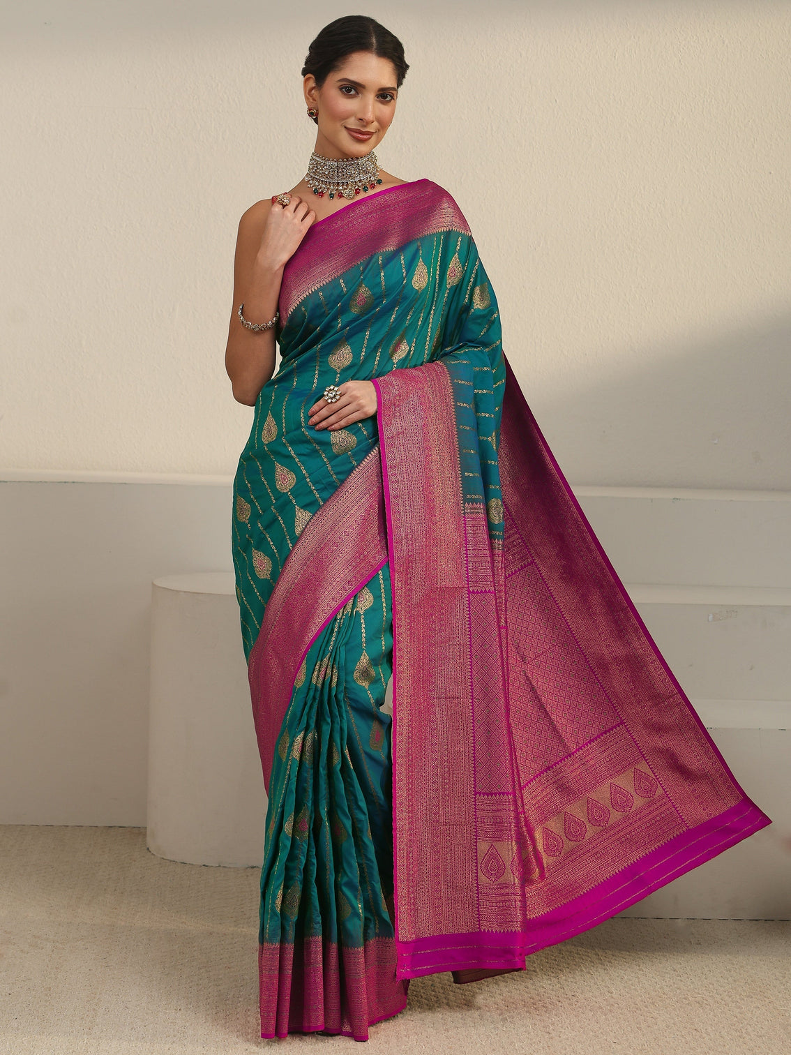 Mameraa Turquoise Blue and Pink Woven Design Silk Blend Saree
