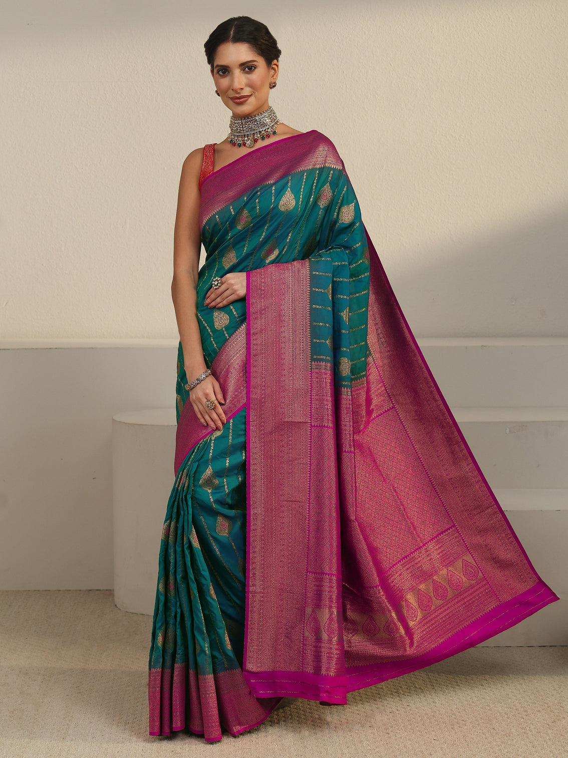 Mameraa Turquoise Blue and Pink Woven Design Silk Blend Saree