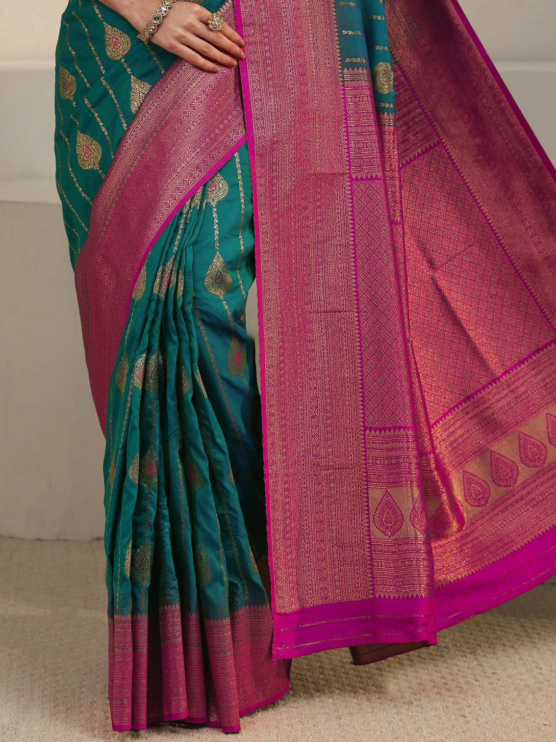 Mameraa Turquoise Blue and Pink Woven Design Silk Blend Saree