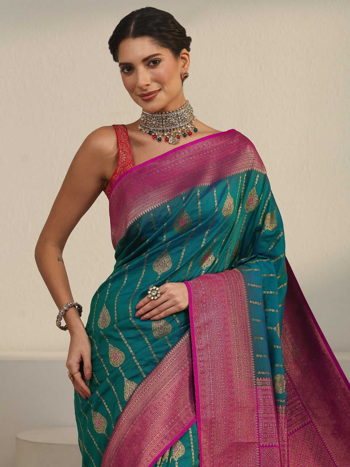 Mameraa Turquoise Blue and Pink Woven Design Silk Blend Saree