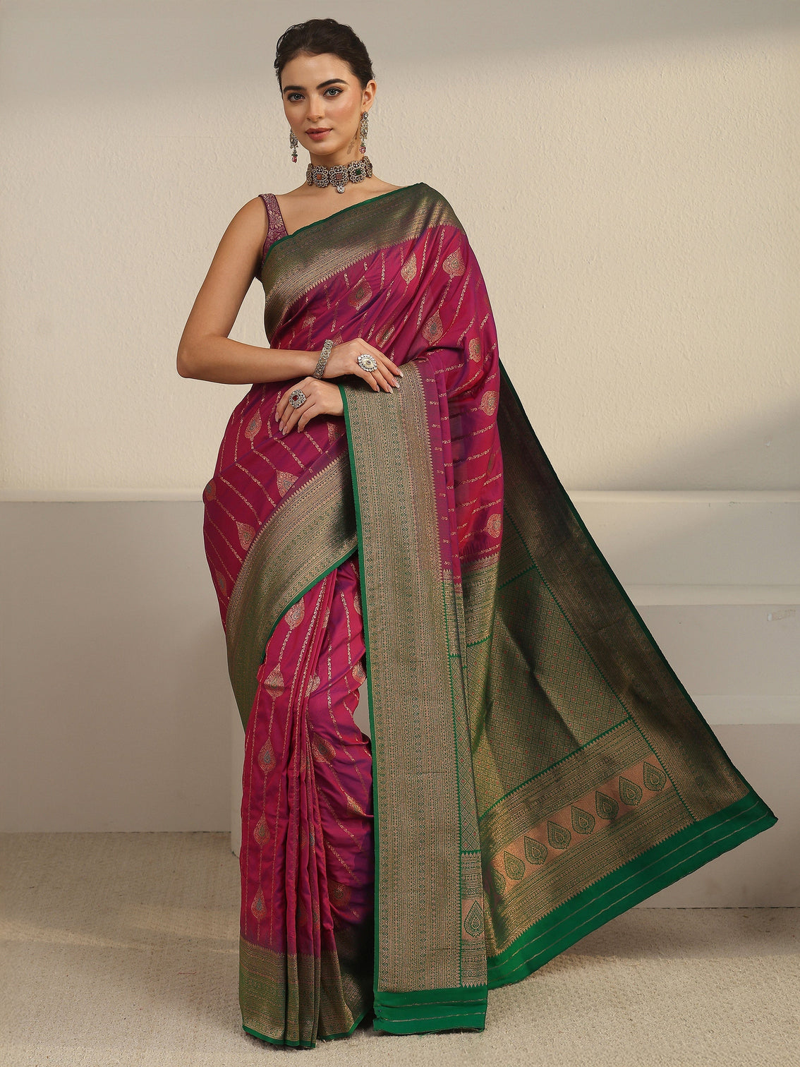 Mameraa Purple and Green Woven Design Silk Blend Saree