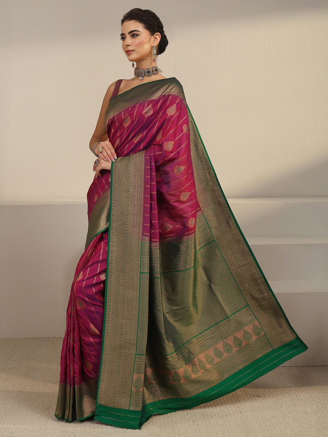Mameraa Purple and Green Woven Design Silk Blend Saree