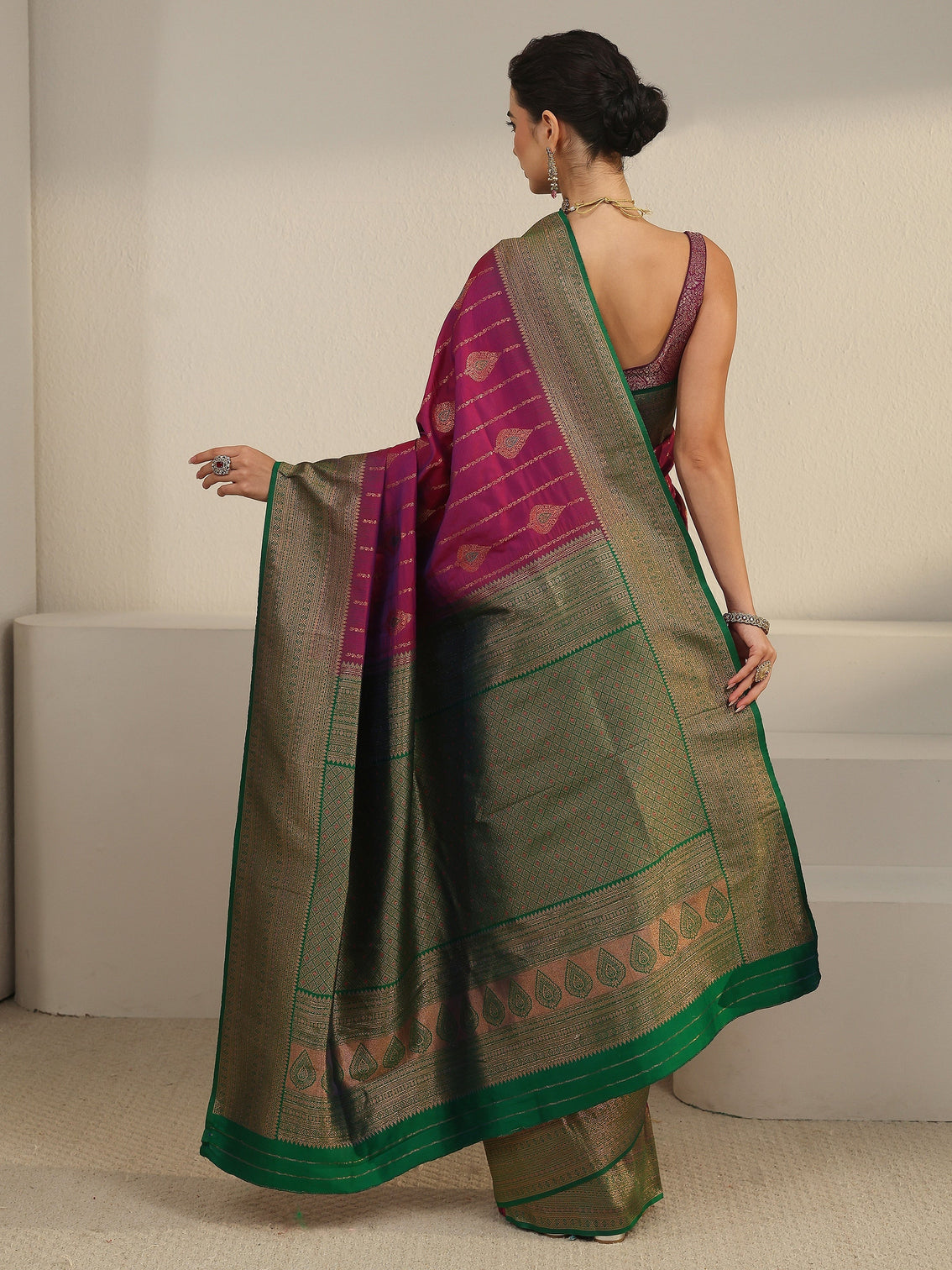 Mameraa Purple and Green Woven Design Silk Blend Saree