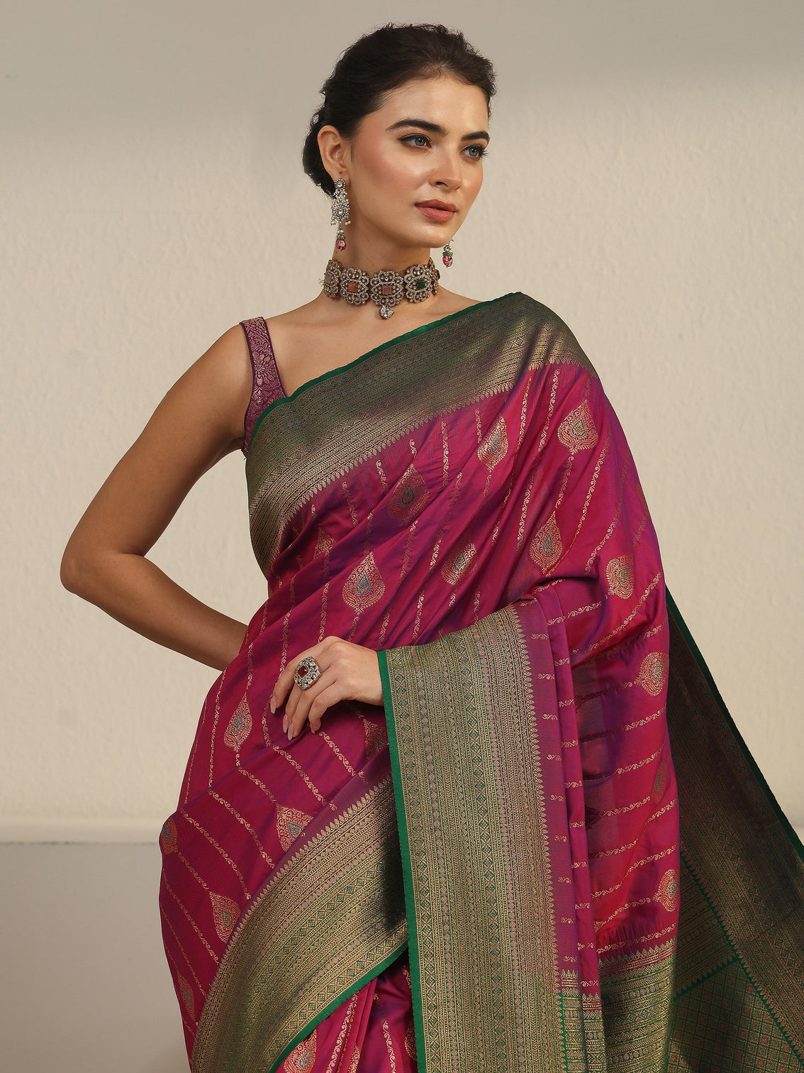 Mameraa Purple and Green Woven Design Silk Blend Saree