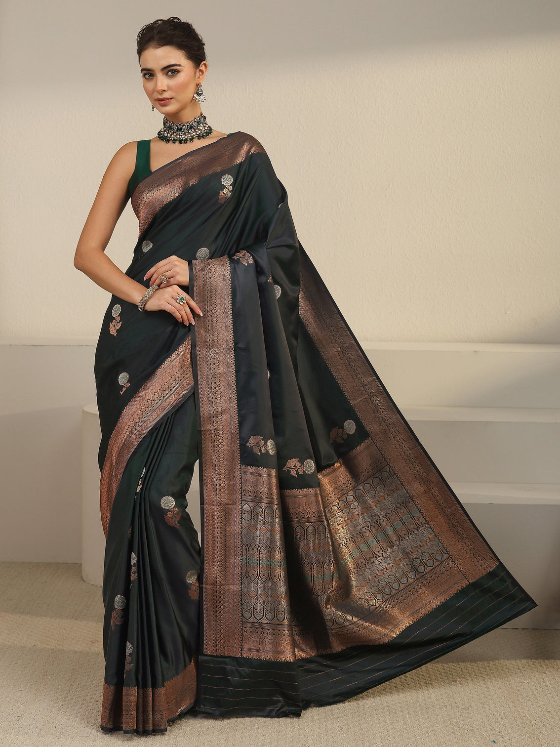 Mameraa Dark Green Floral Woven Design Satin Saree