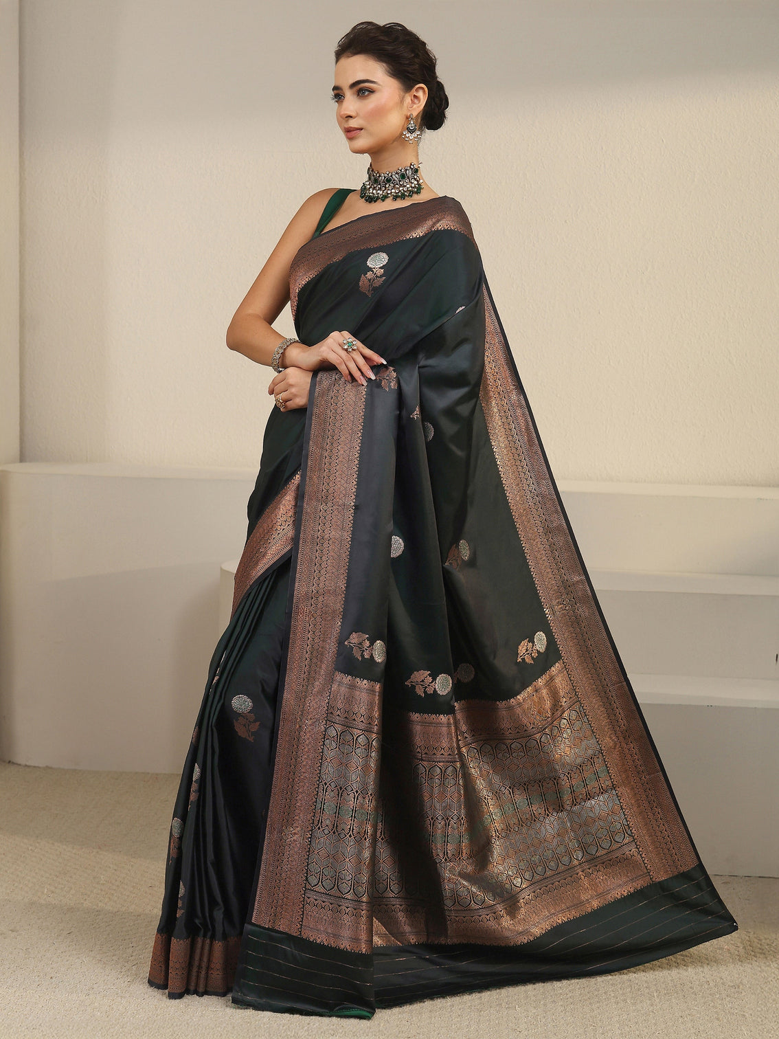 Mameraa Dark Green Floral Woven Design Satin Saree