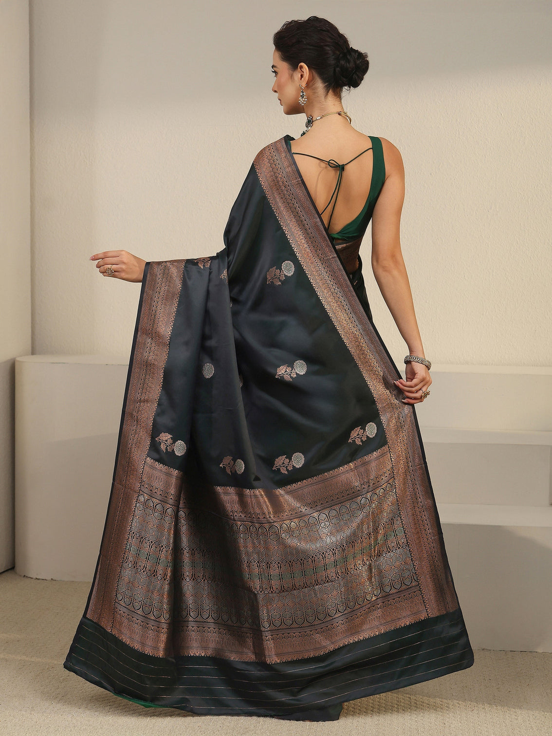 Mameraa Dark Green Floral Woven Design Satin Saree