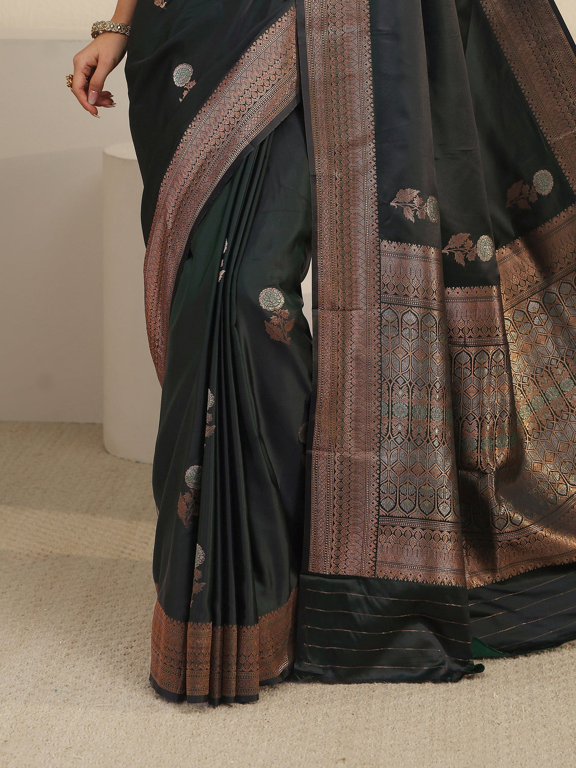 Mameraa Dark Green Floral Woven Design Satin Saree