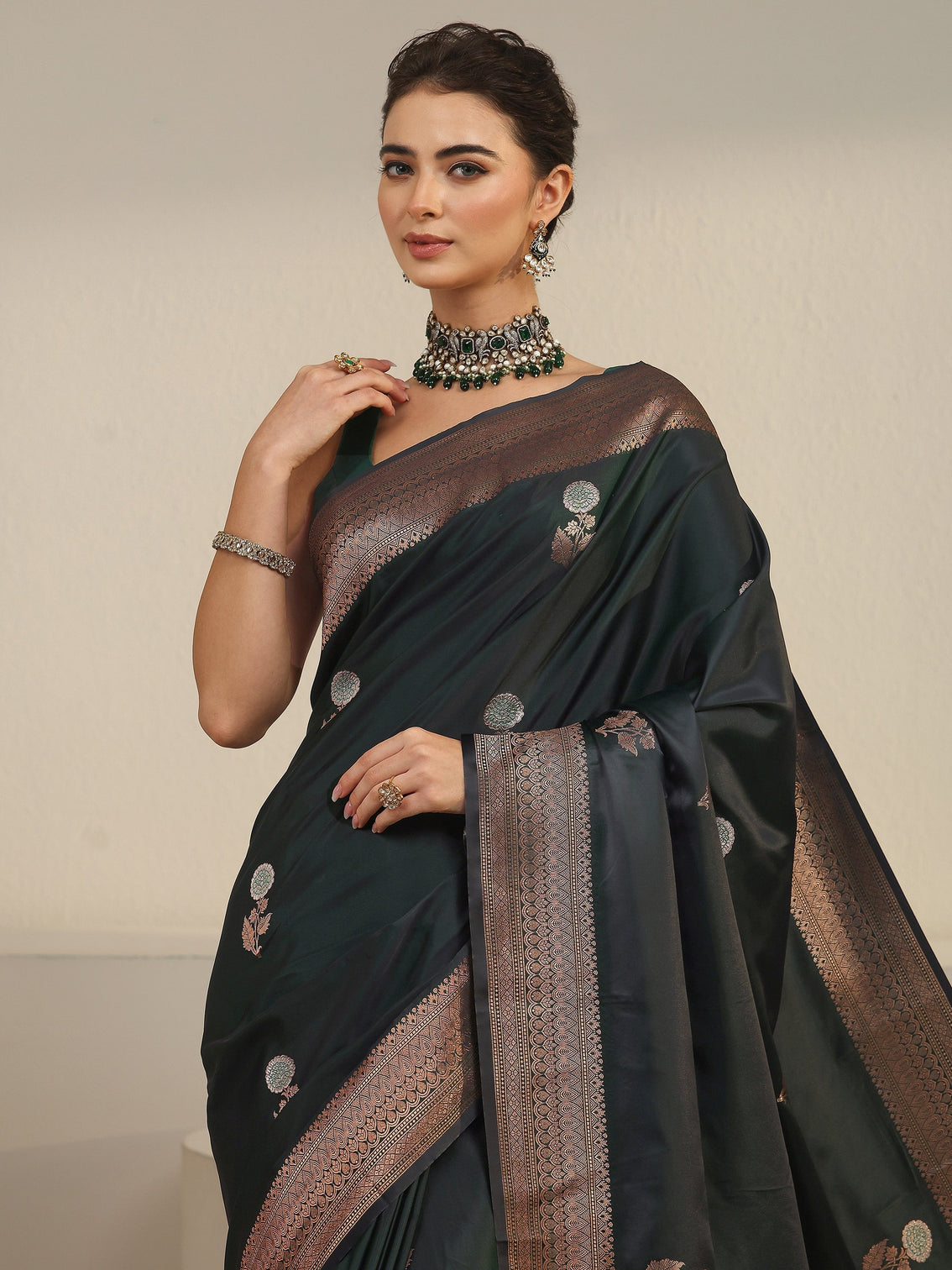 Mameraa Dark Green Floral Woven Design Satin Saree