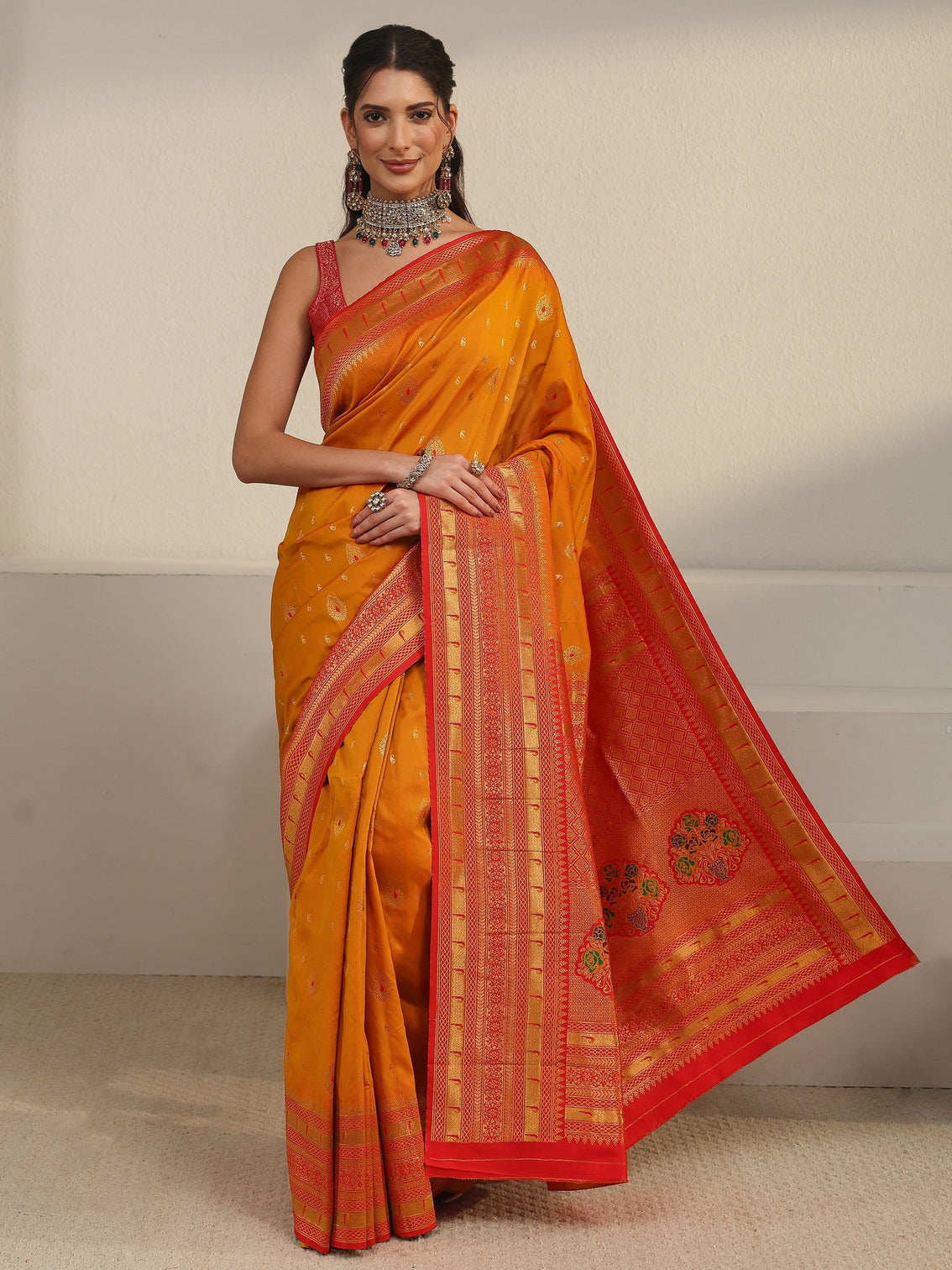Mameraa Orange Woven Design Silk Blend Saree