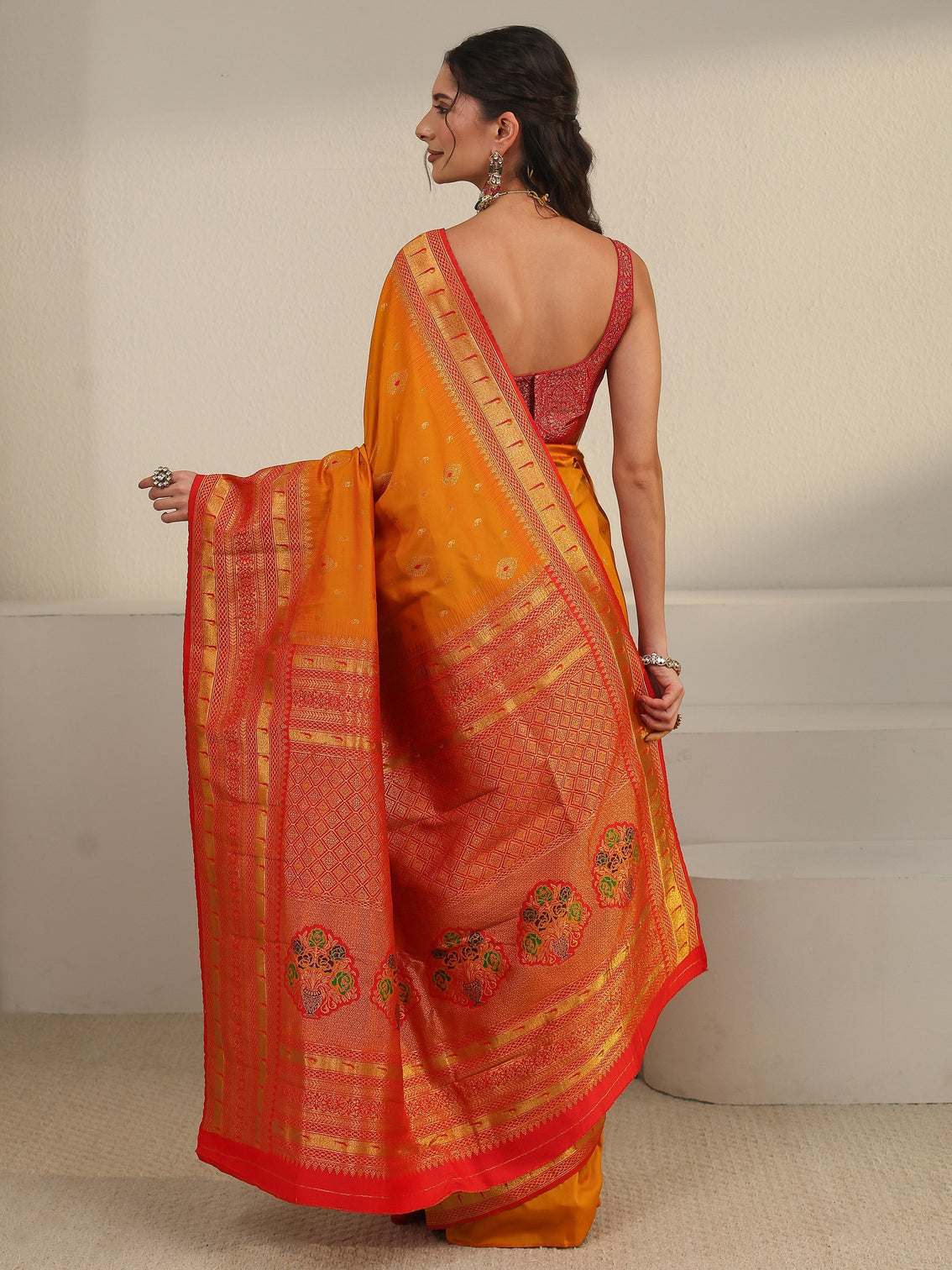 Mameraa Orange Woven Design Silk Blend Saree