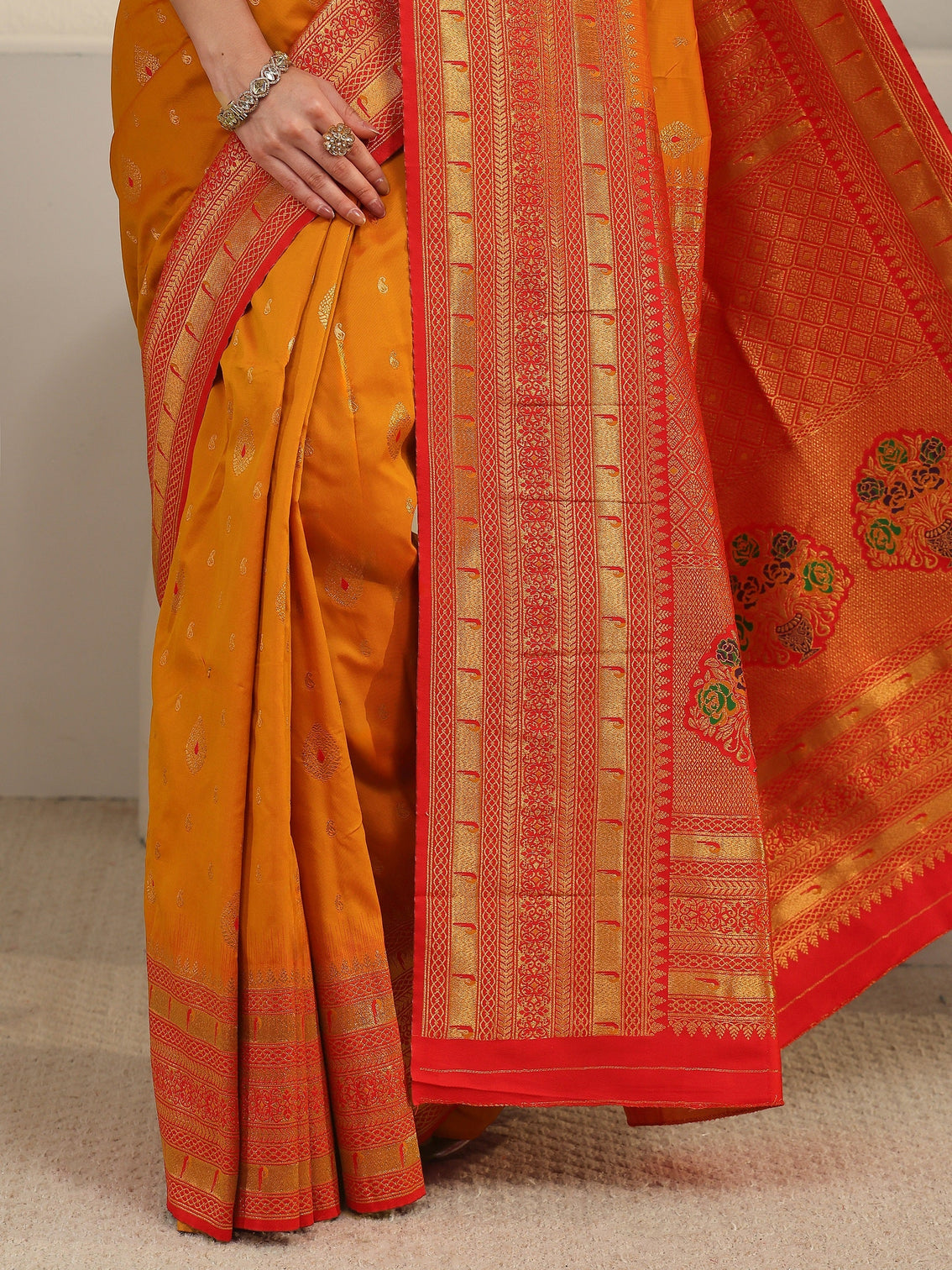 Mameraa Orange Woven Design Silk Blend Saree