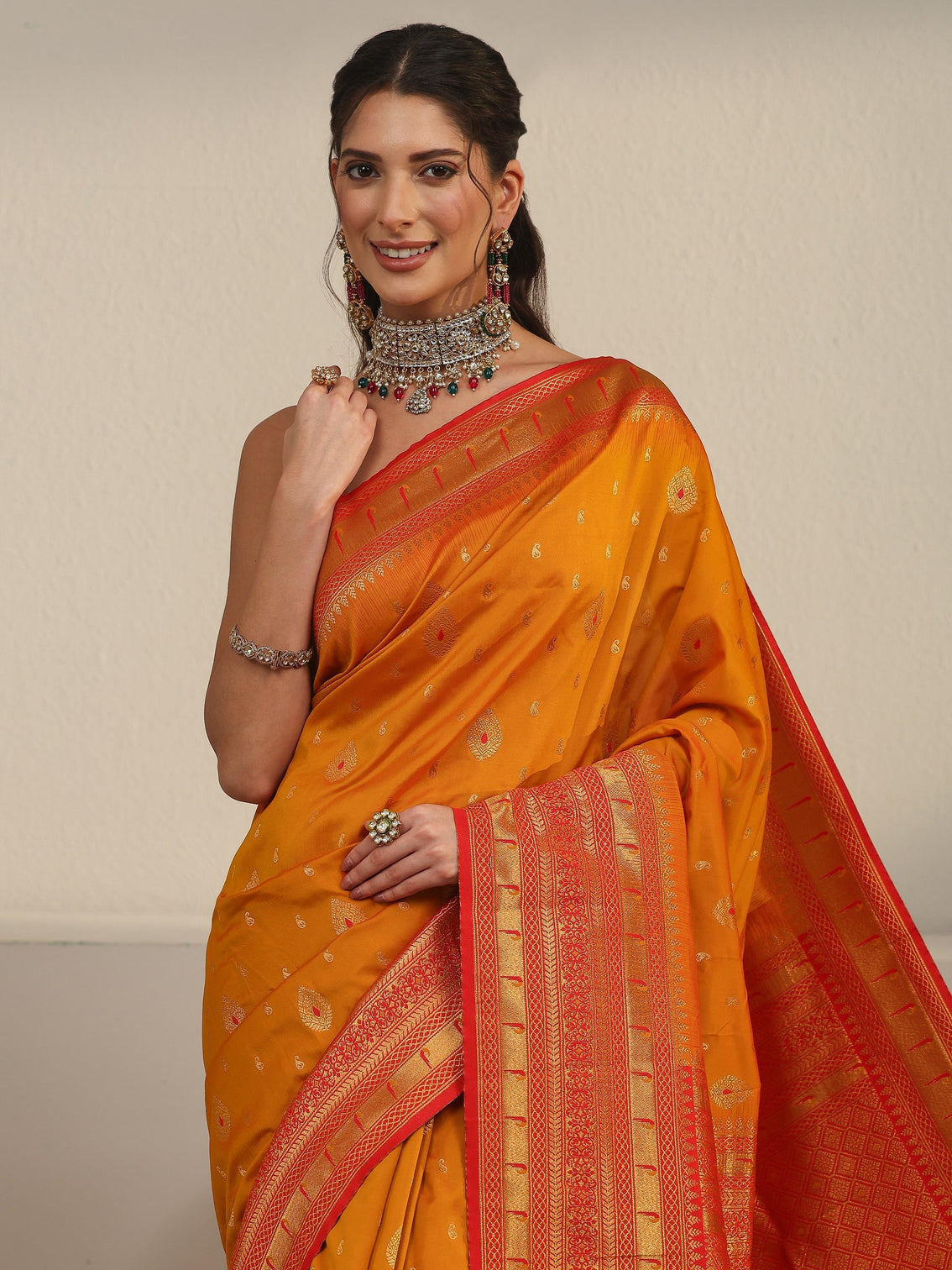 Mameraa Orange Woven Design Silk Blend Saree