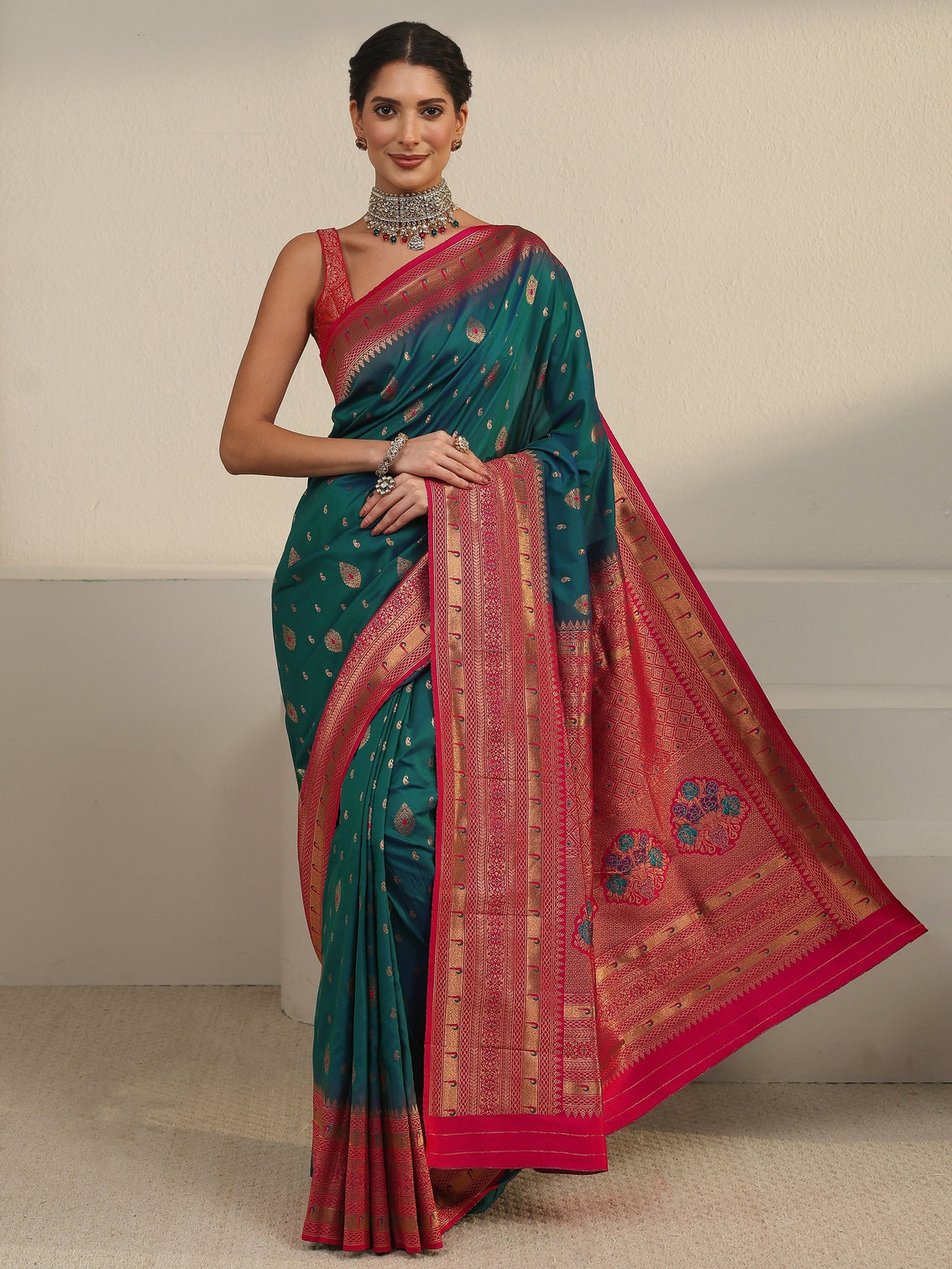 Mameraa Blue and Red Woven Design Silk Blend Saree