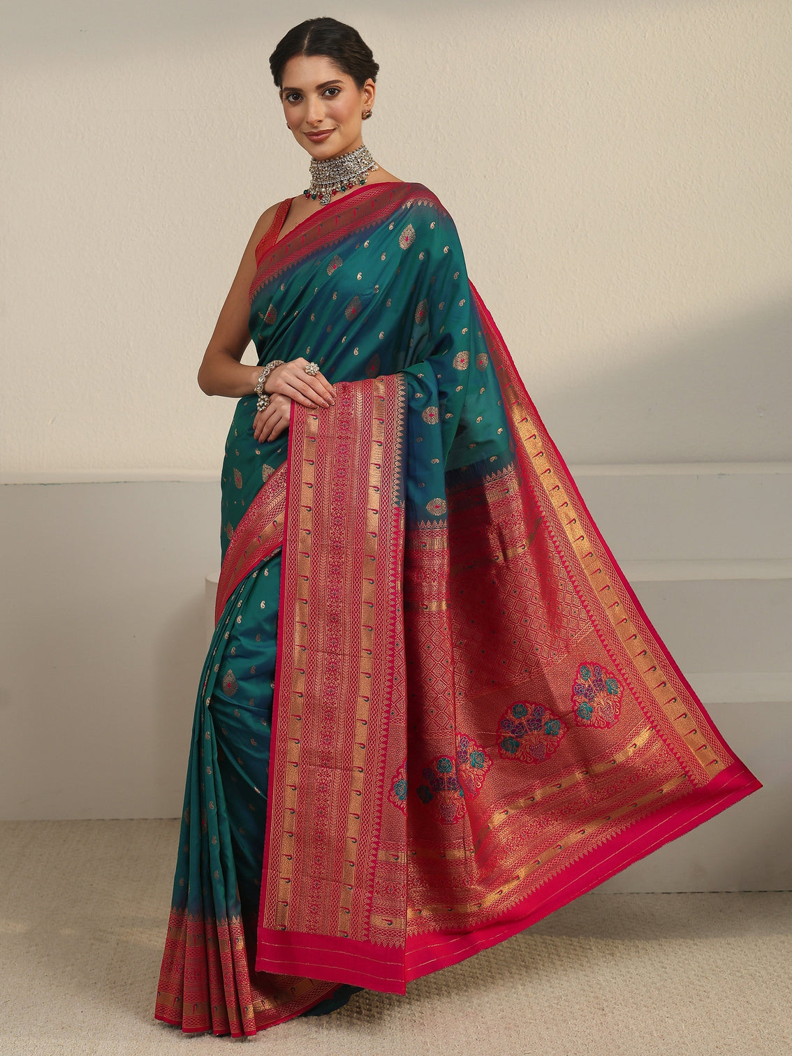 Mameraa Blue and Red Woven Design Silk Blend Saree