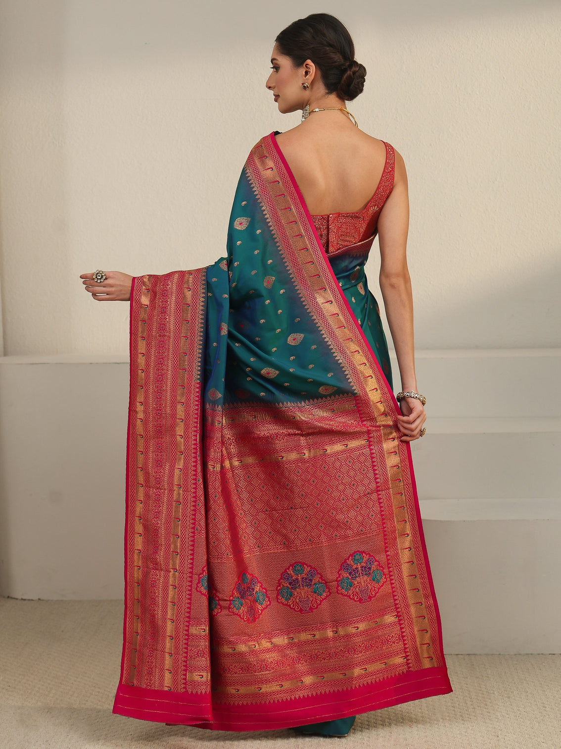 Mameraa Blue and Red Woven Design Silk Blend Saree