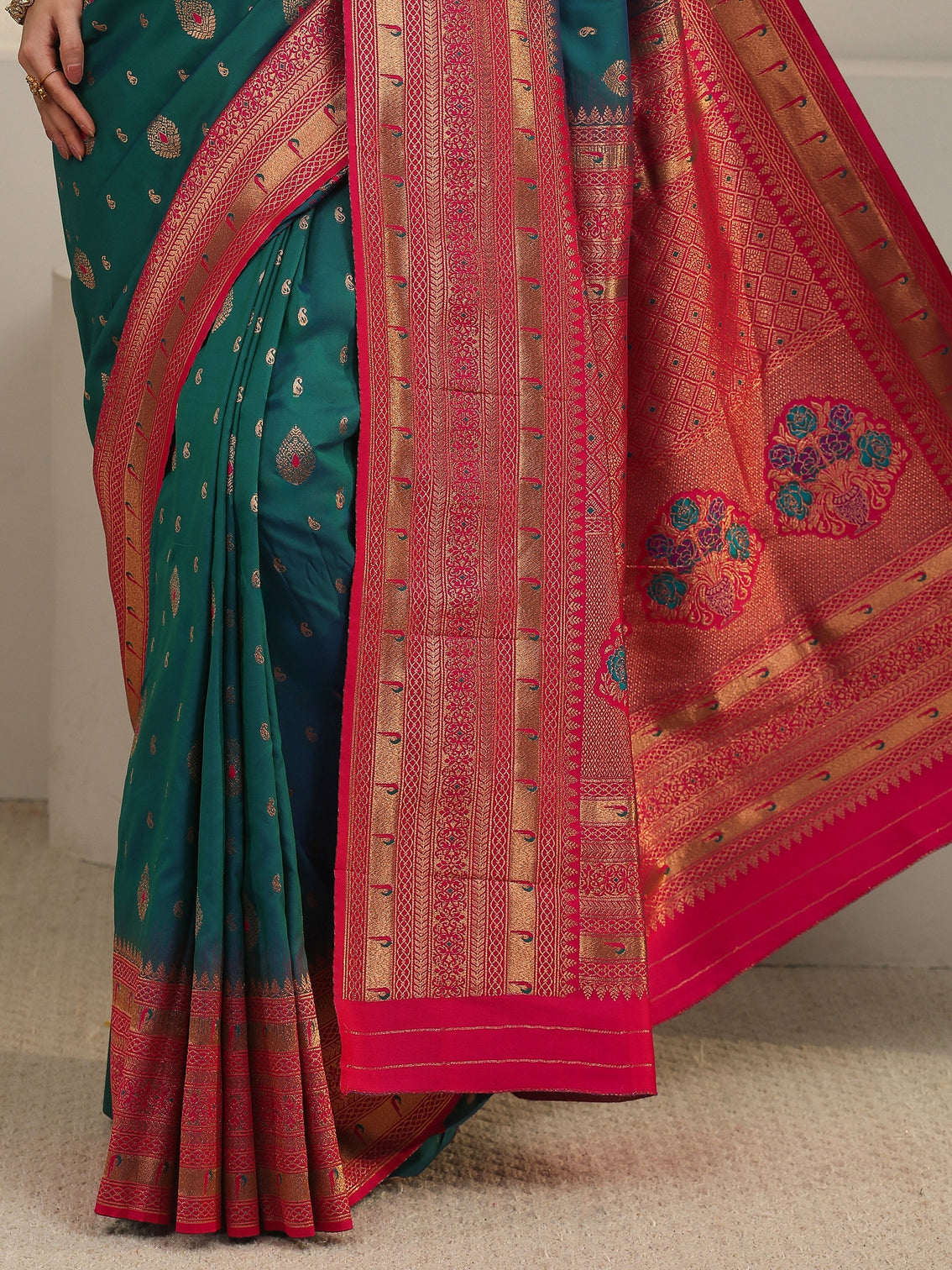 Mameraa Blue and Red Woven Design Silk Blend Saree