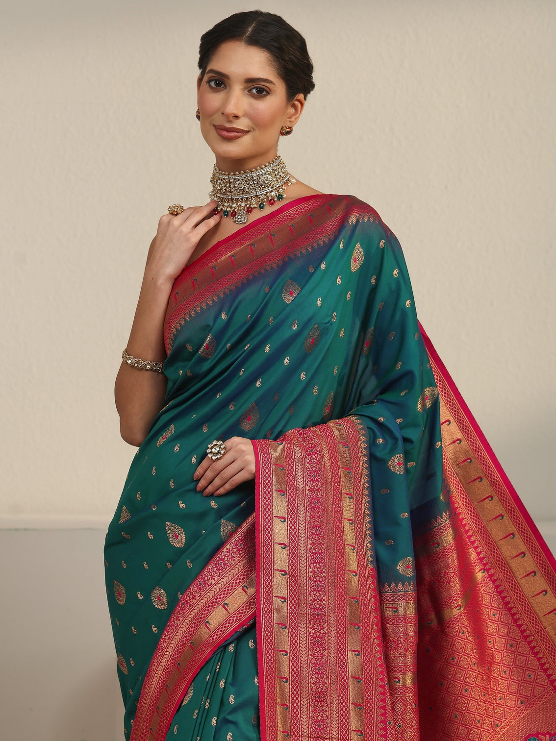 Mameraa Blue and Red Woven Design Silk Blend Saree