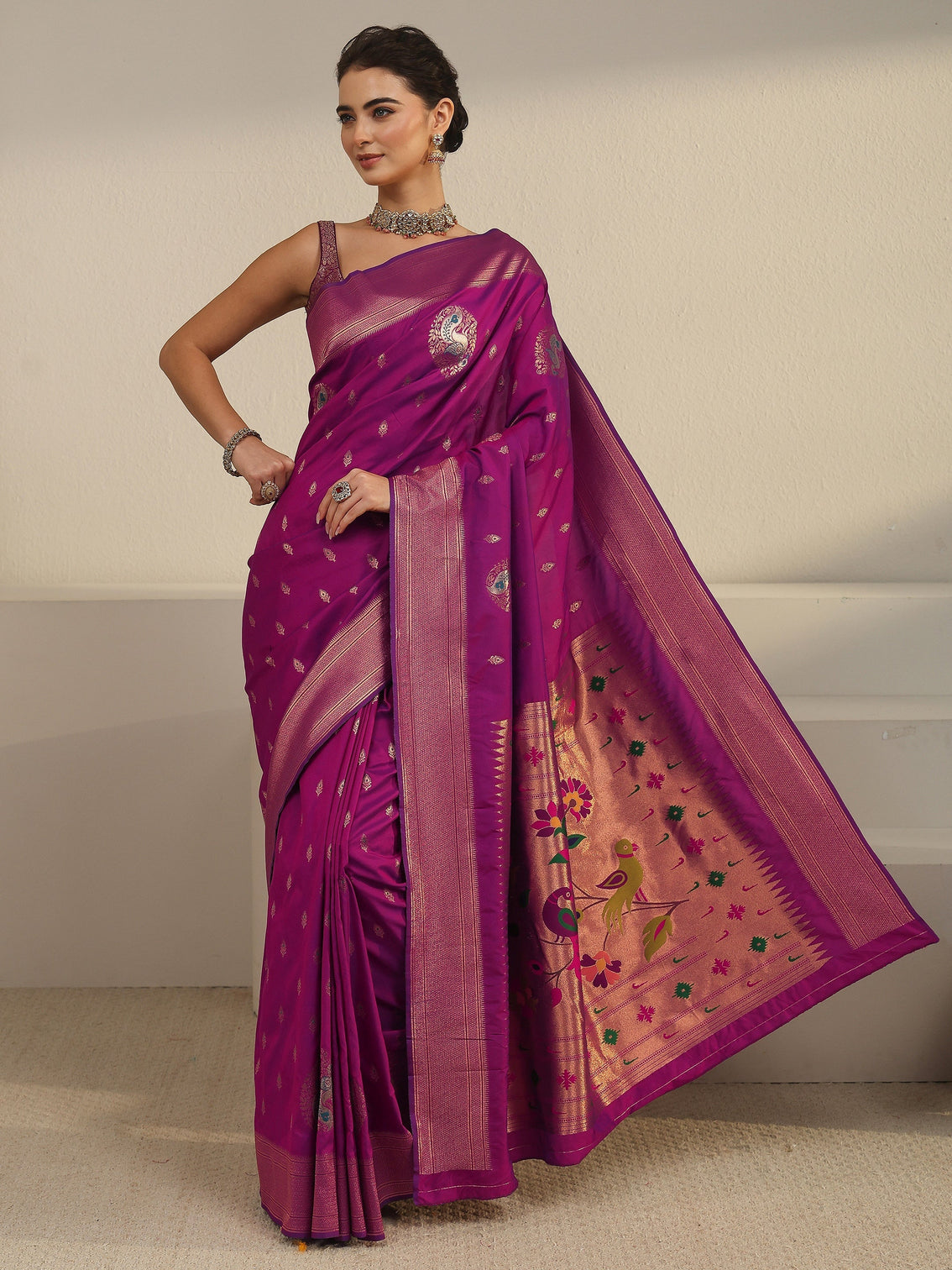 Mameraa Purple Silk Blend Paithani Saree