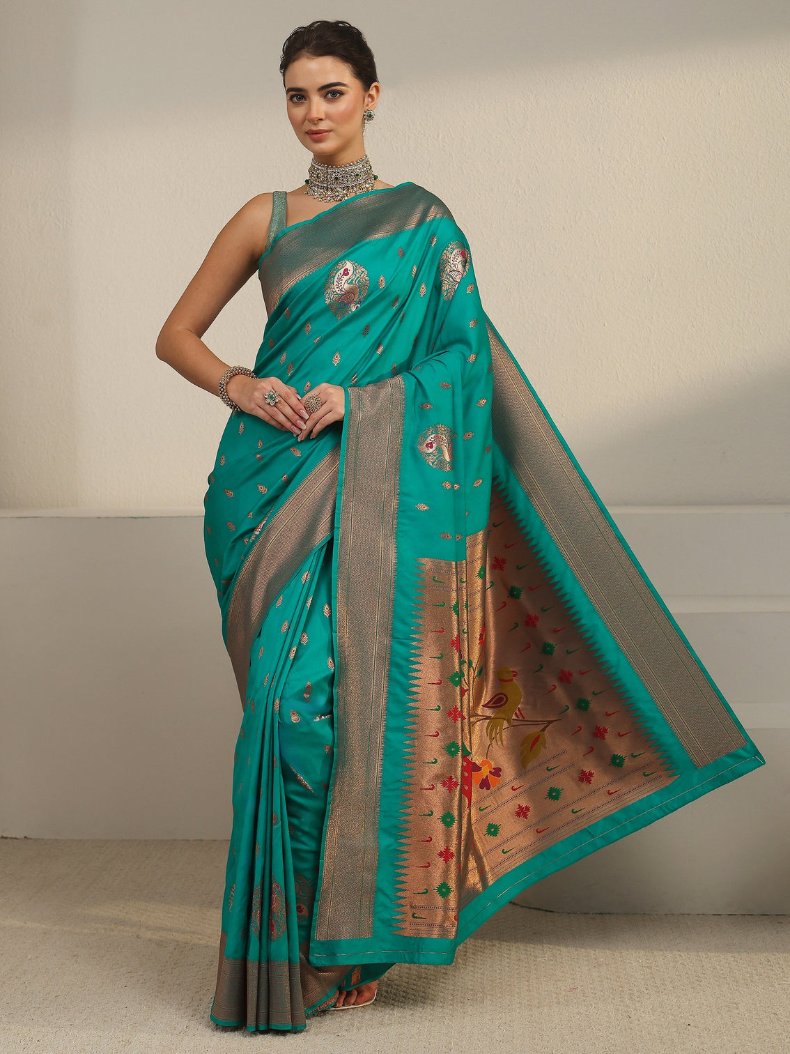 Mameraa Sea Green Silk Blend Paithani Saree