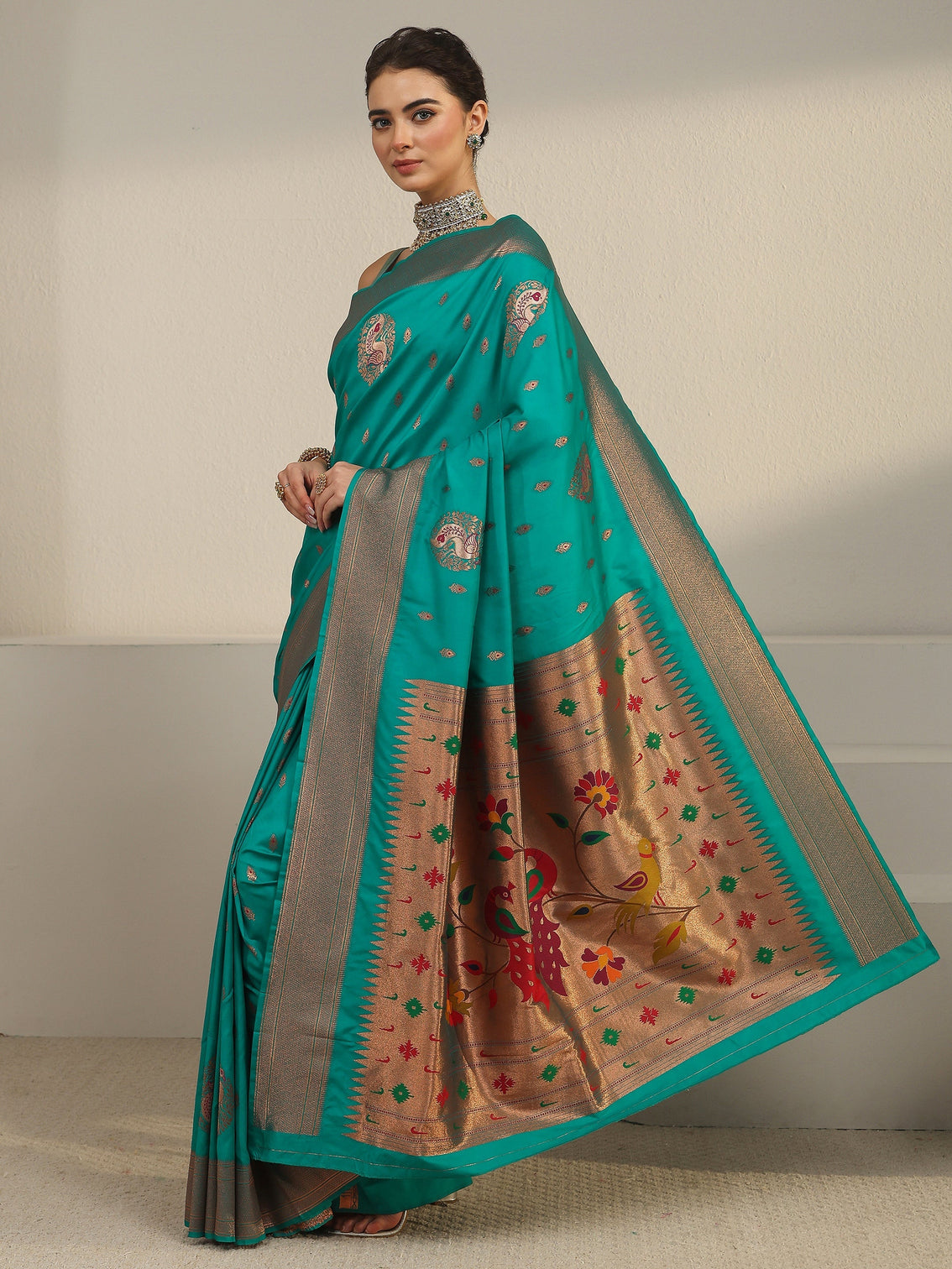Mameraa Sea Green Silk Blend Paithani Saree