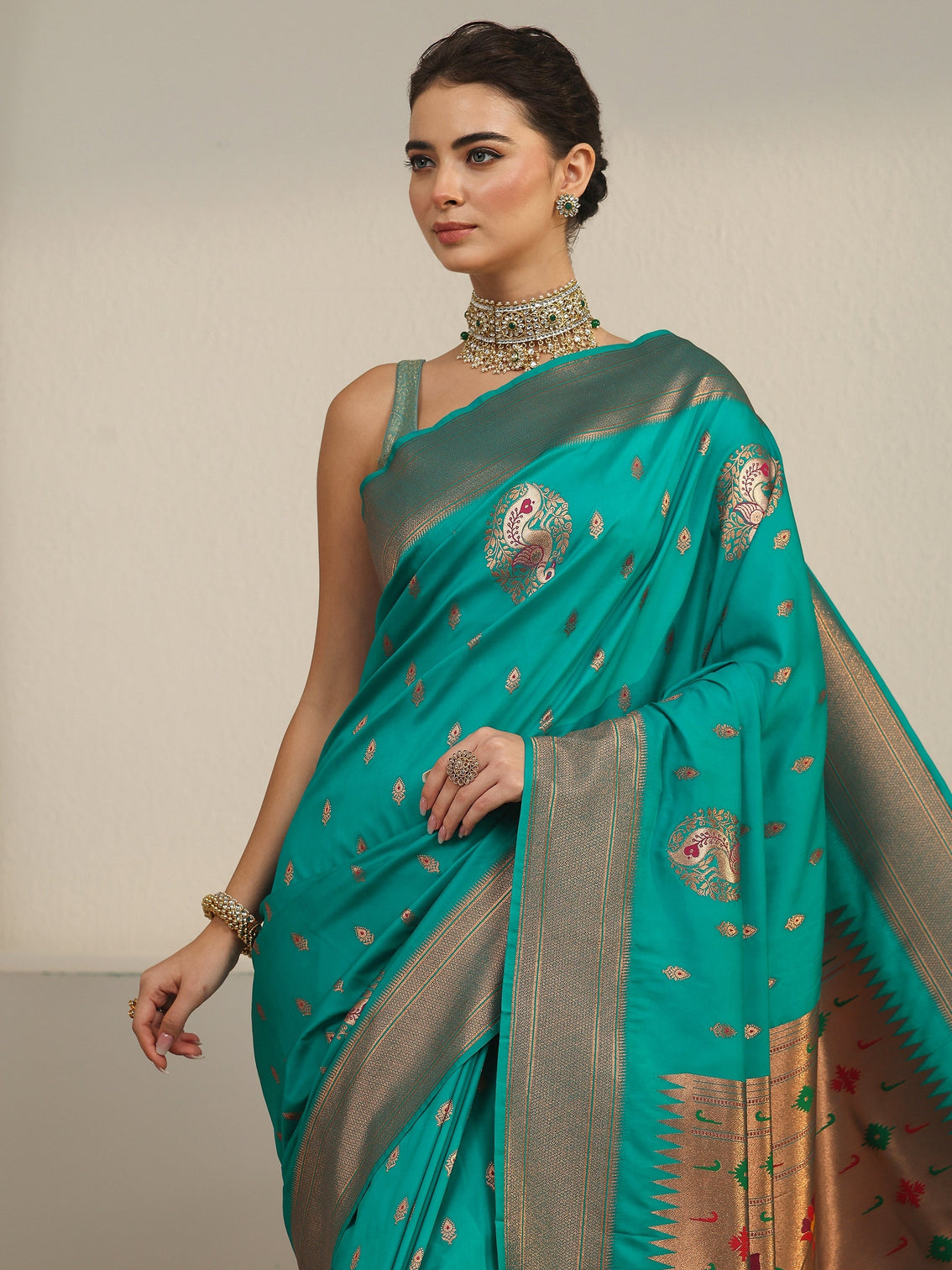 Mameraa Sea Green Silk Blend Paithani Saree