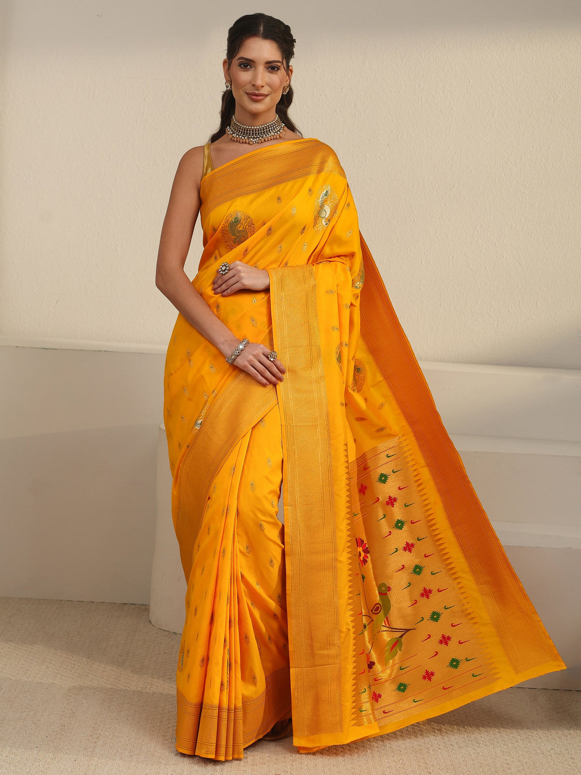 Mameraa Mustard Silk Blend Paithani Saree
