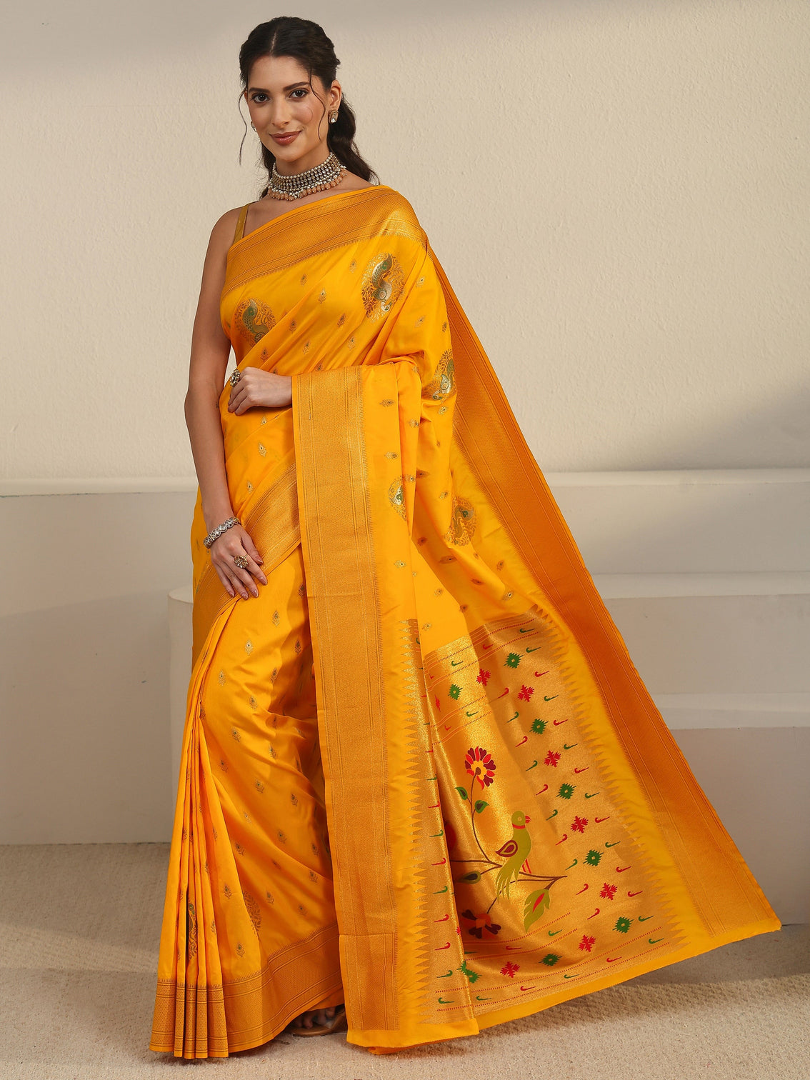 Mameraa Mustard Silk Blend Paithani Saree