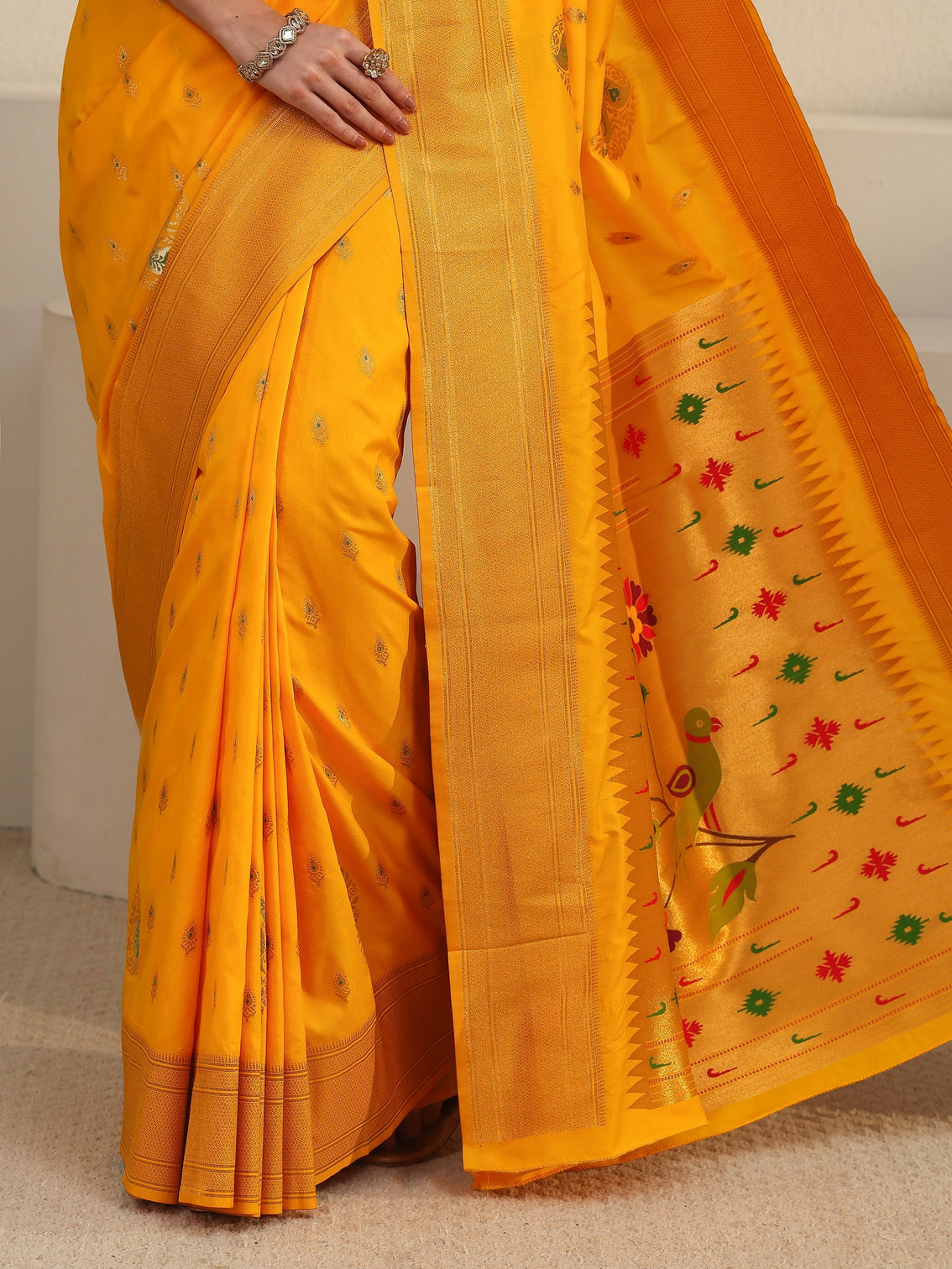 Mameraa Mustard Silk Blend Paithani Saree