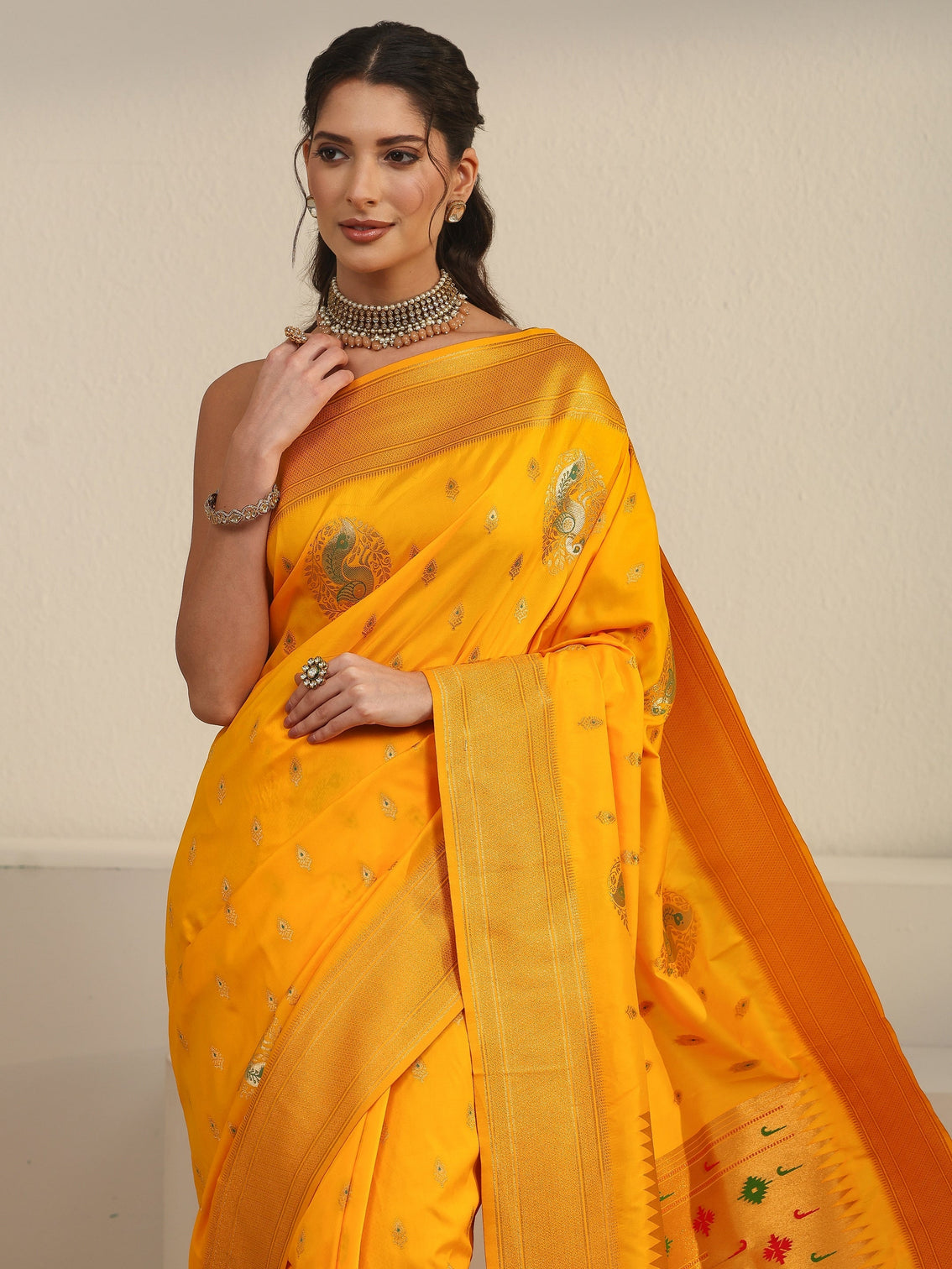 Mameraa Mustard Silk Blend Paithani Saree