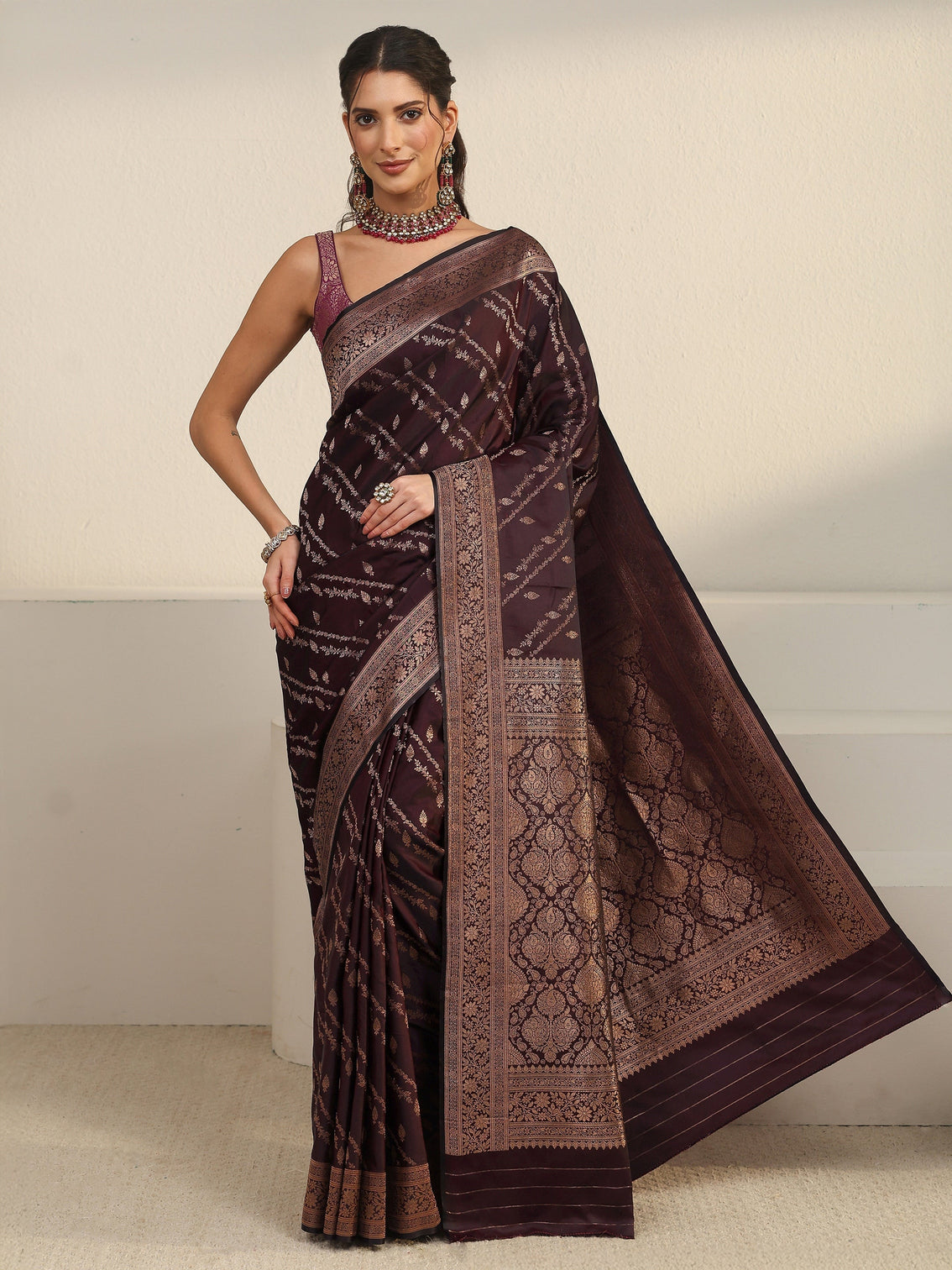 Mameraa Wine Woven Design Satin Saree