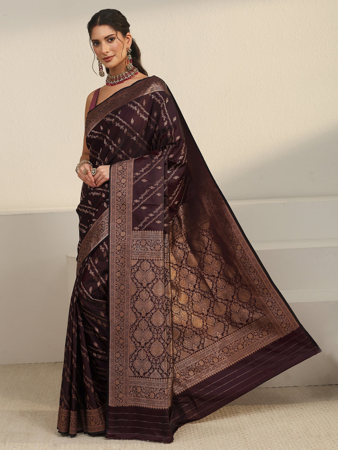 Mameraa Wine Woven Design Satin Saree