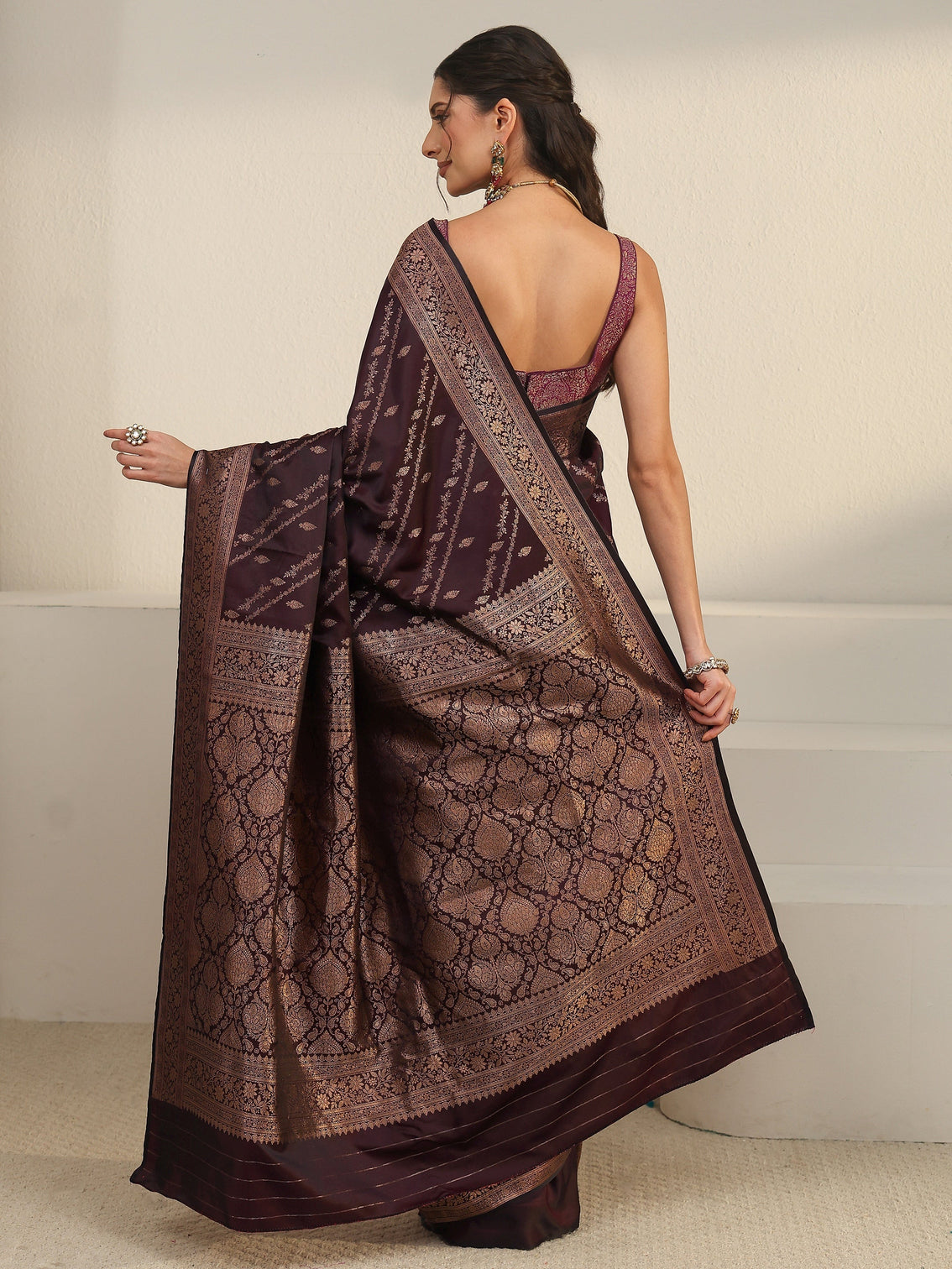 Mameraa Wine Woven Design Satin Saree
