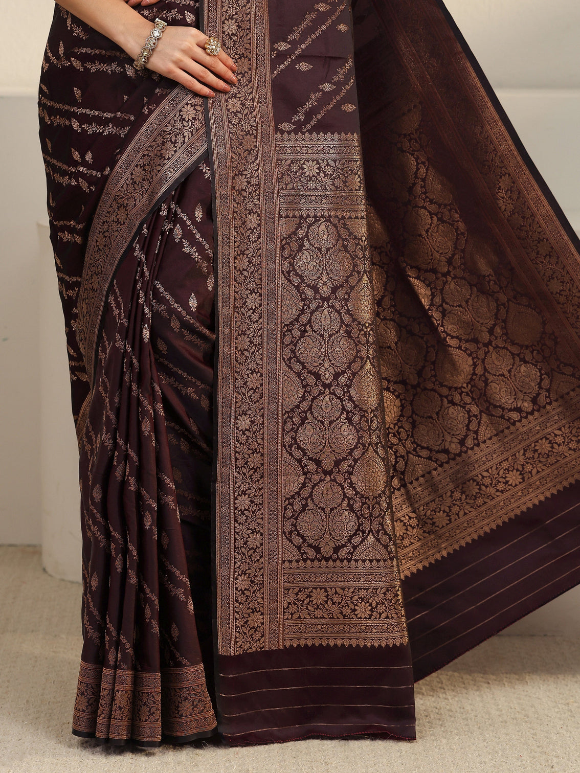 Mameraa Wine Woven Design Satin Saree