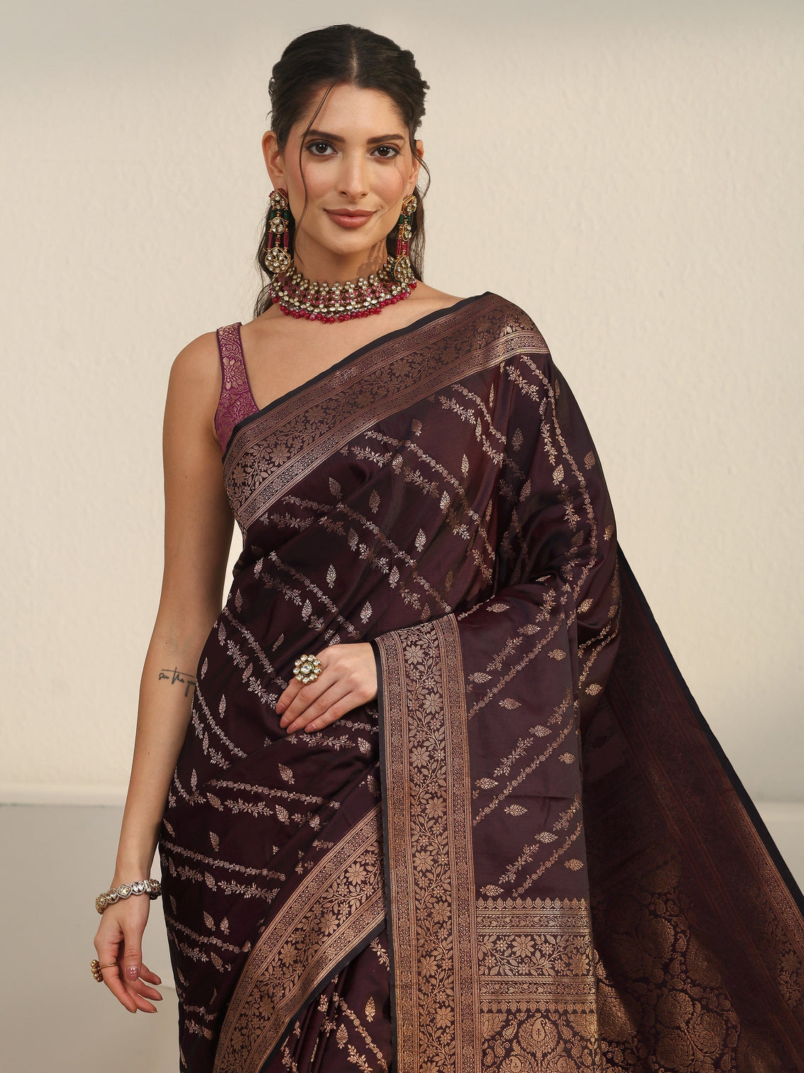 Mameraa Wine Woven Design Satin Saree