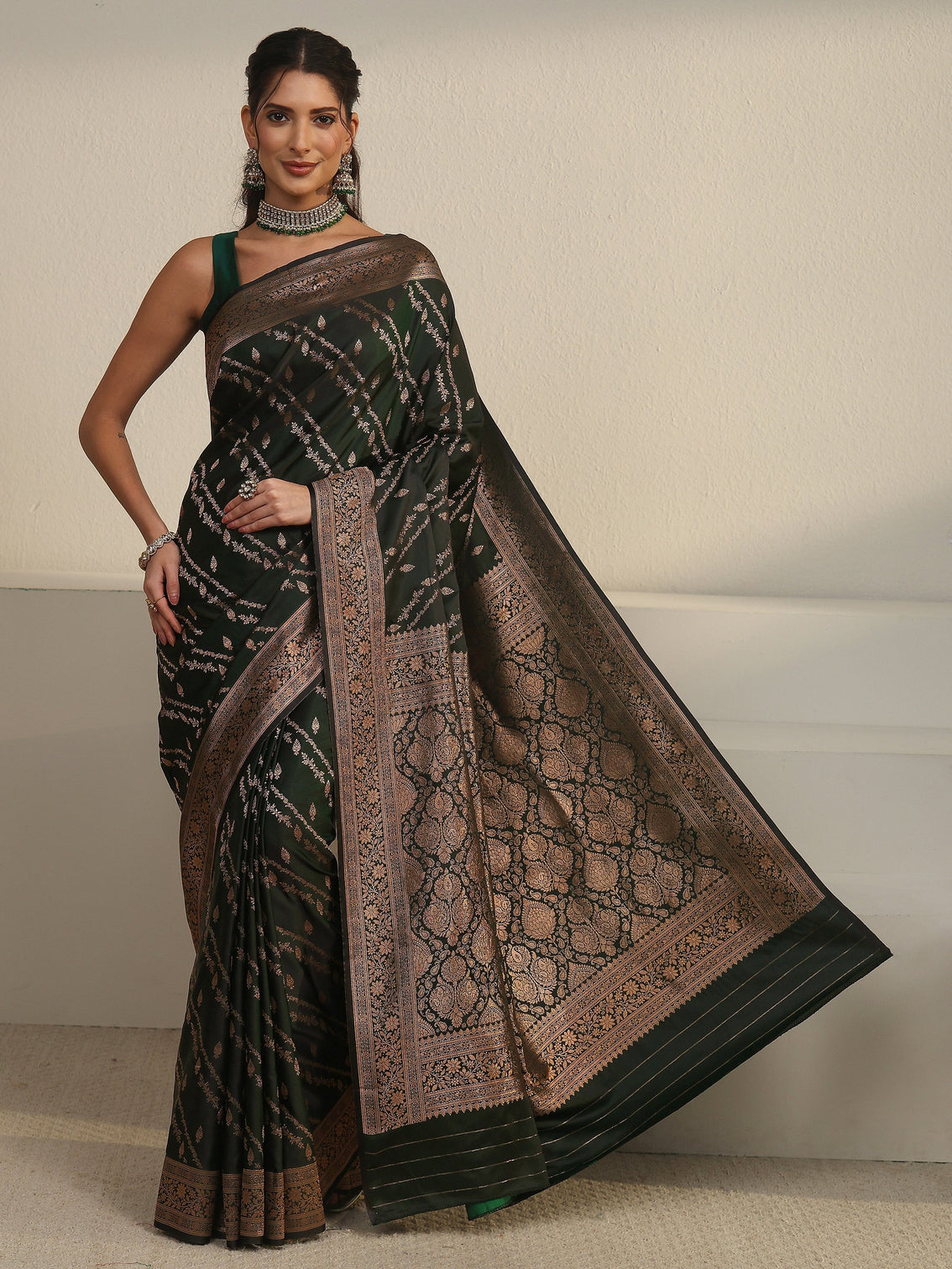 Mameraa Dark Green Woven Design Satin Saree