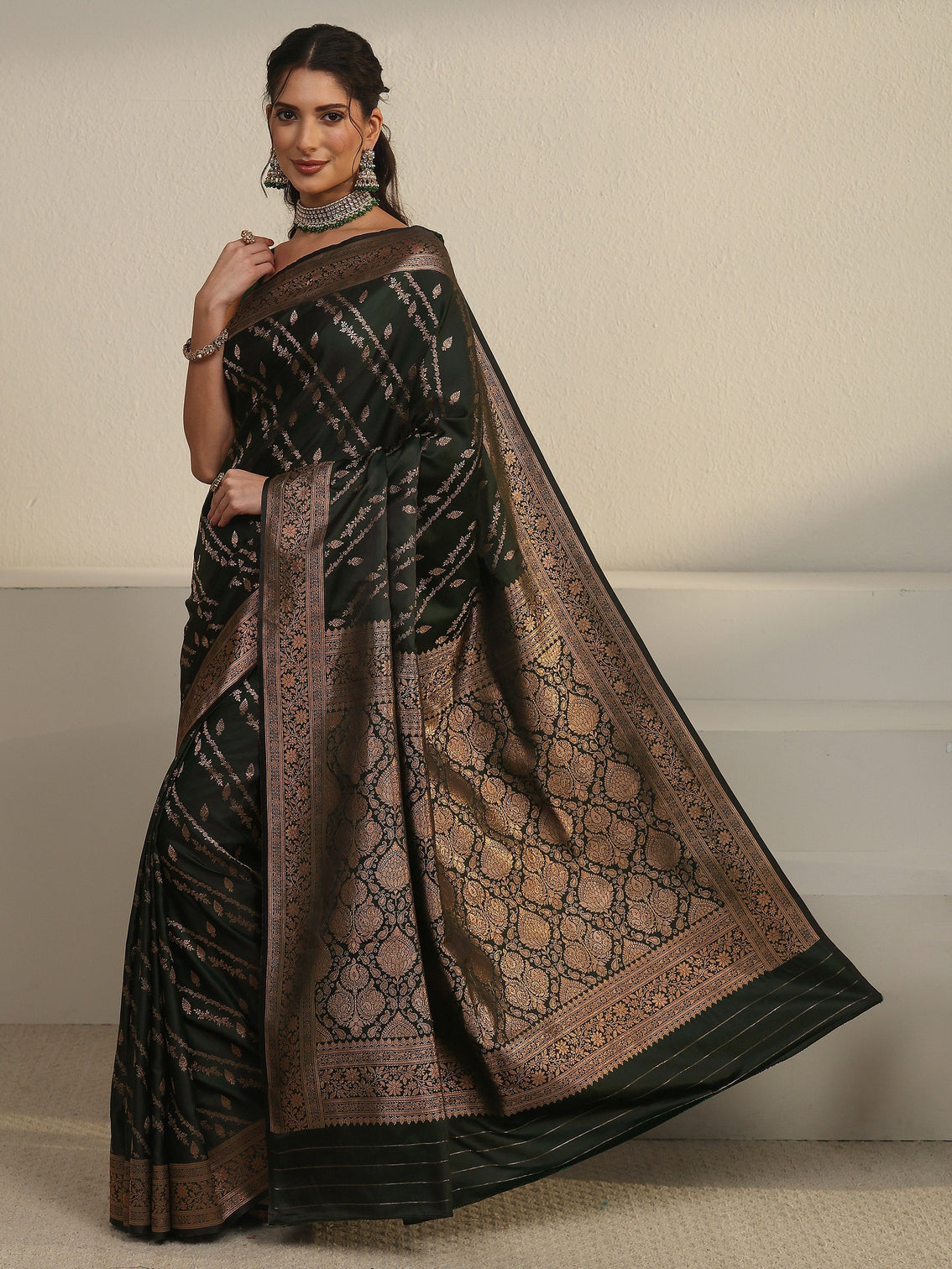 Mameraa Dark Green Woven Design Satin Saree