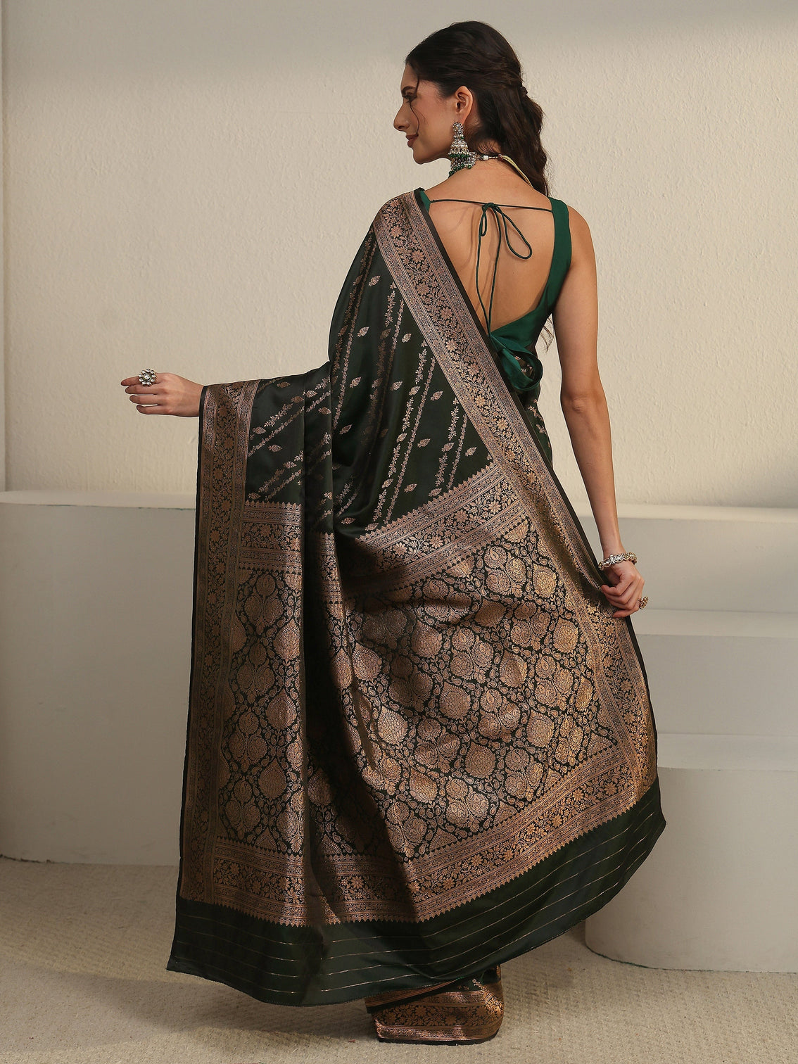 Mameraa Dark Green Woven Design Satin Saree