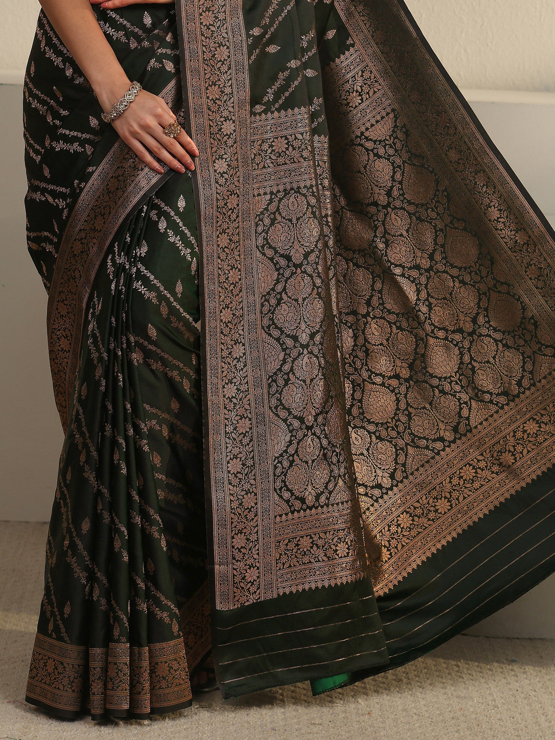 Mameraa Dark Green Woven Design Satin Saree
