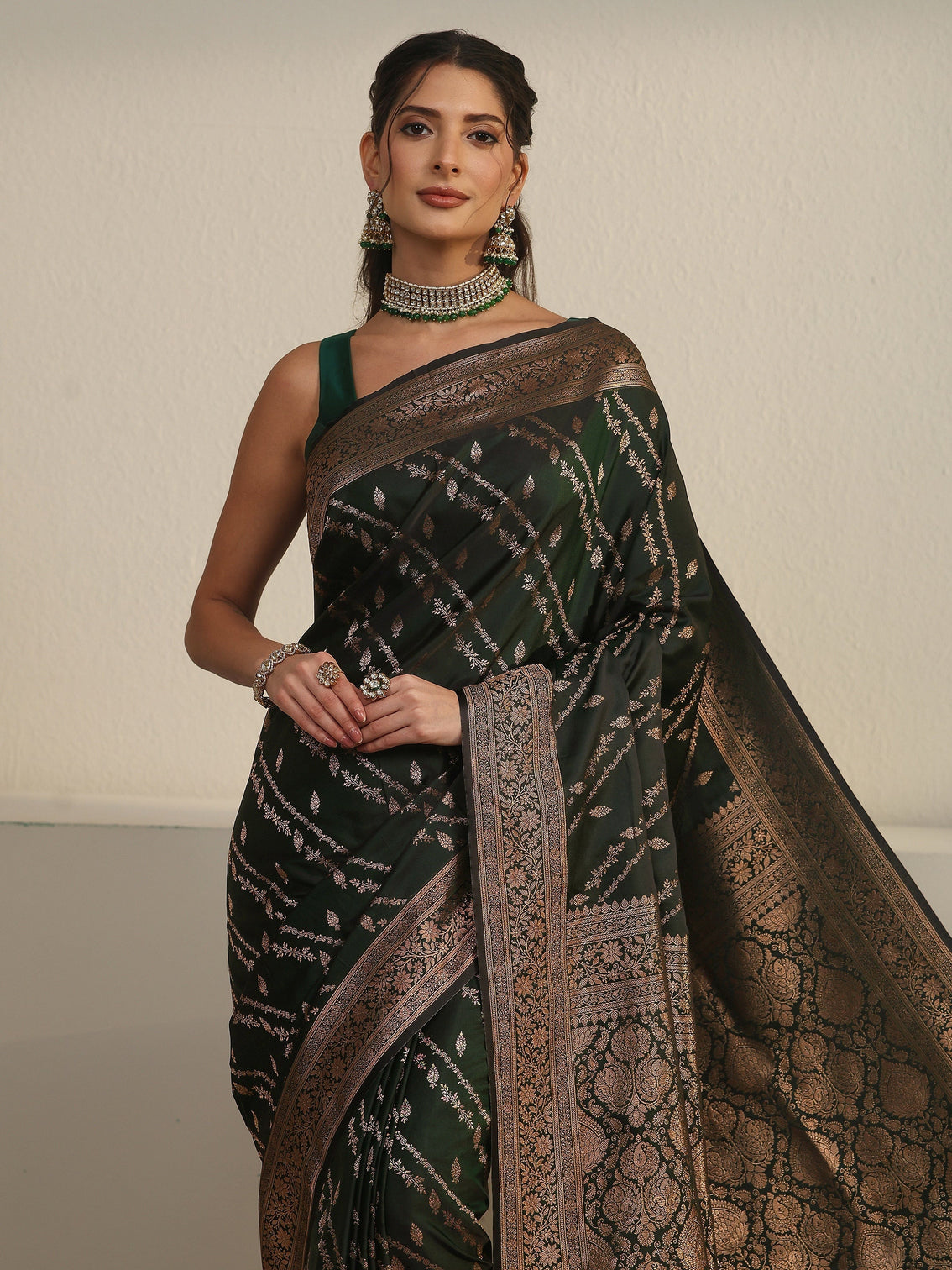 Mameraa Dark Green Woven Design Satin Saree