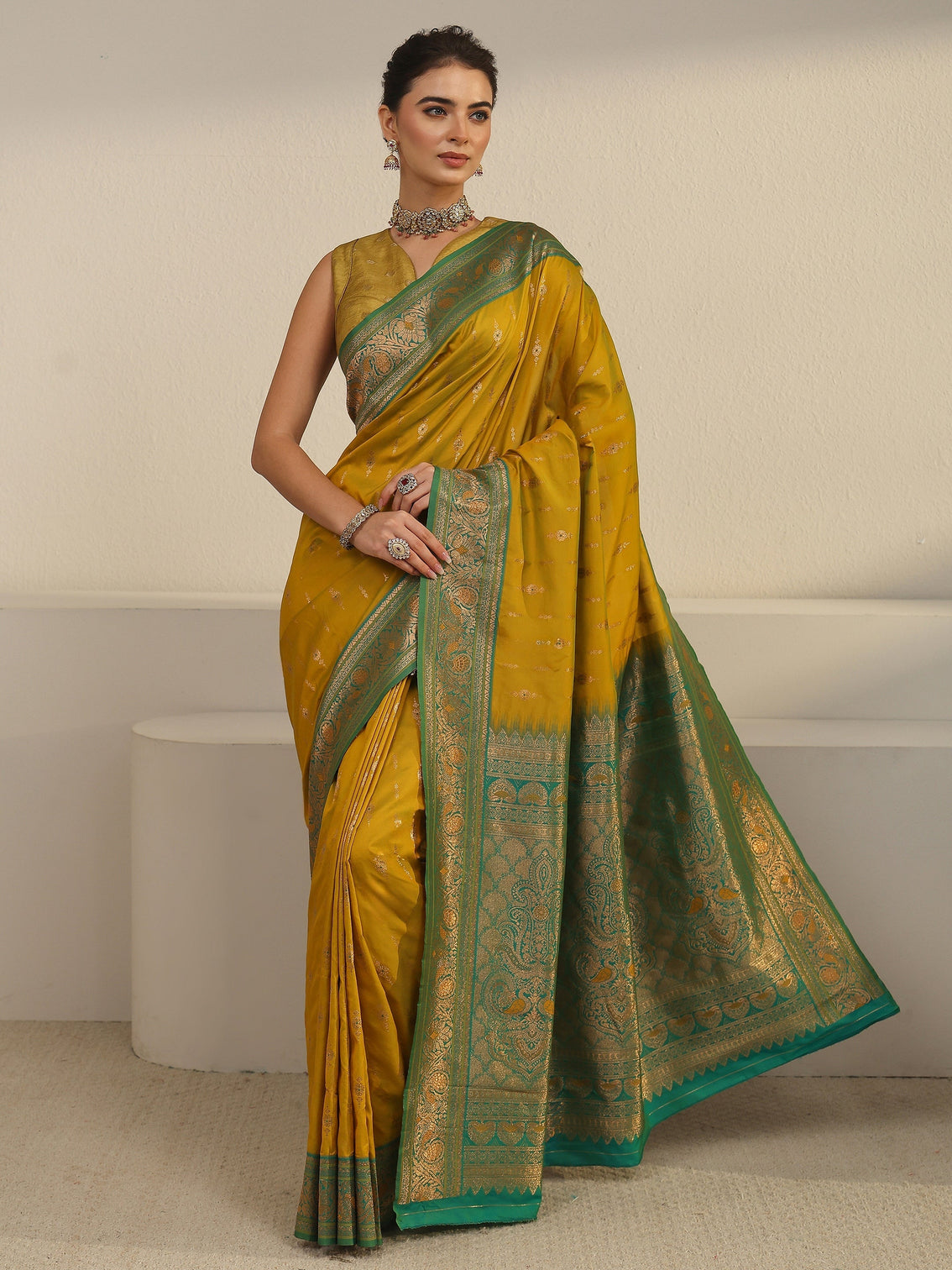 Mameraa Mustard and Green Woven Design Silk Blend Saree